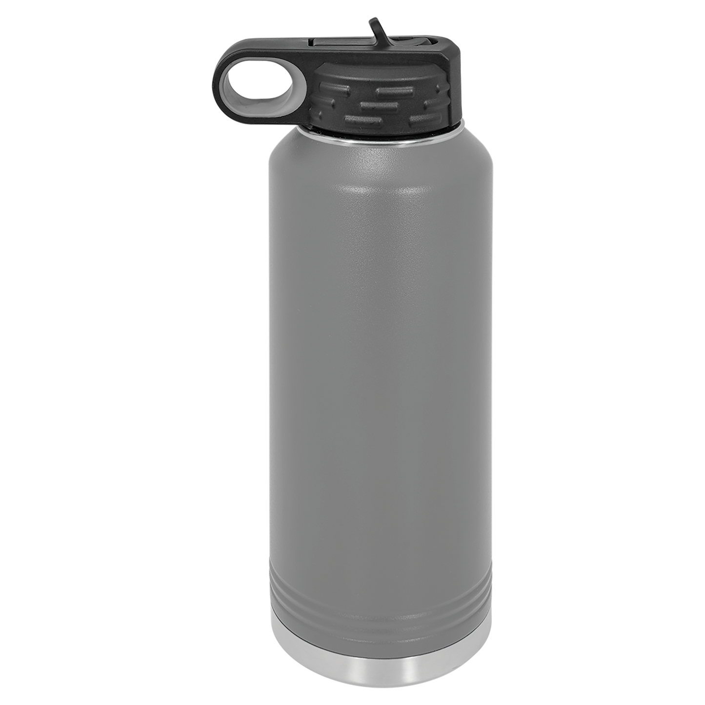 Gray insulated bottle with black lid on a white background