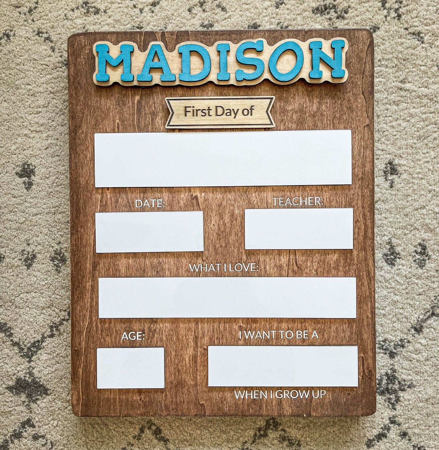 Custom First Day of School Sign | Reusable Wooden Dry Erase Board with Interchangeable Name & First/Last Day Headers