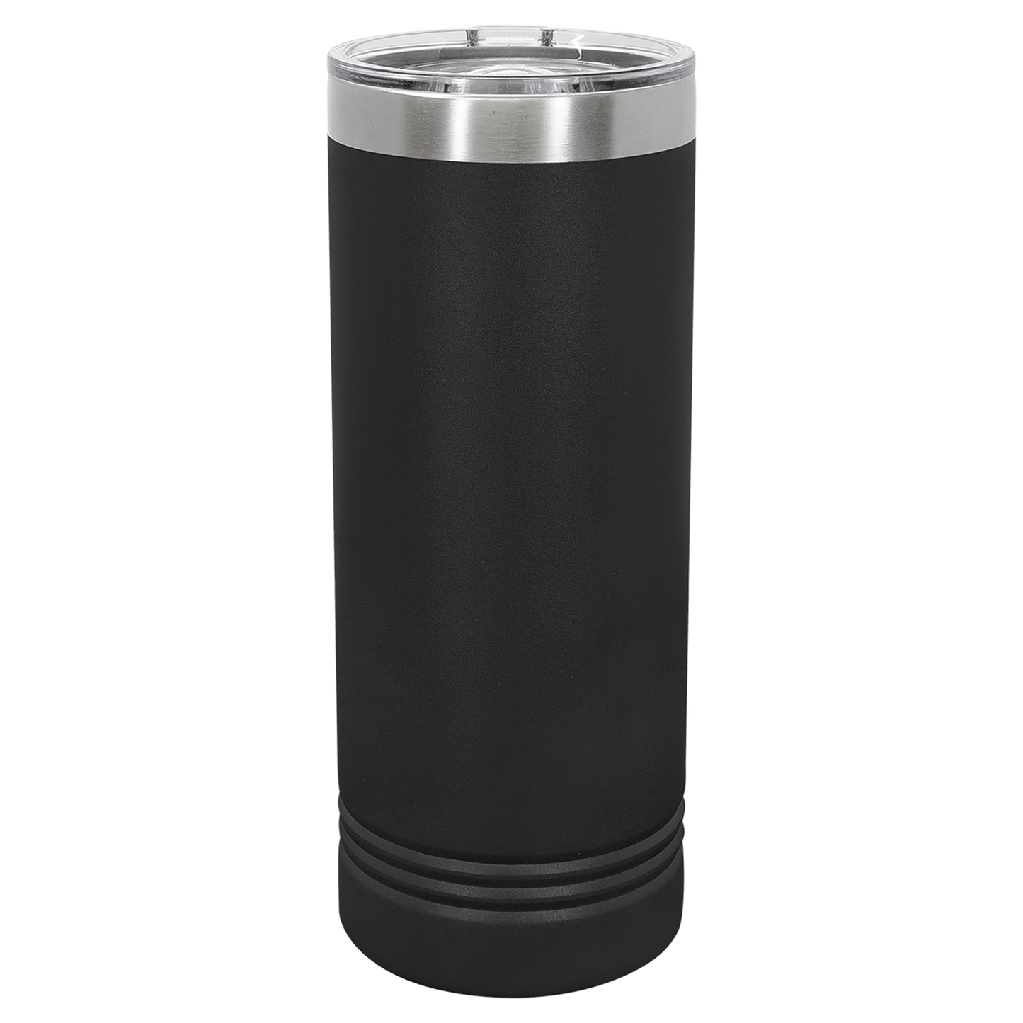 Black insulated tumbler with silver lid on a white background