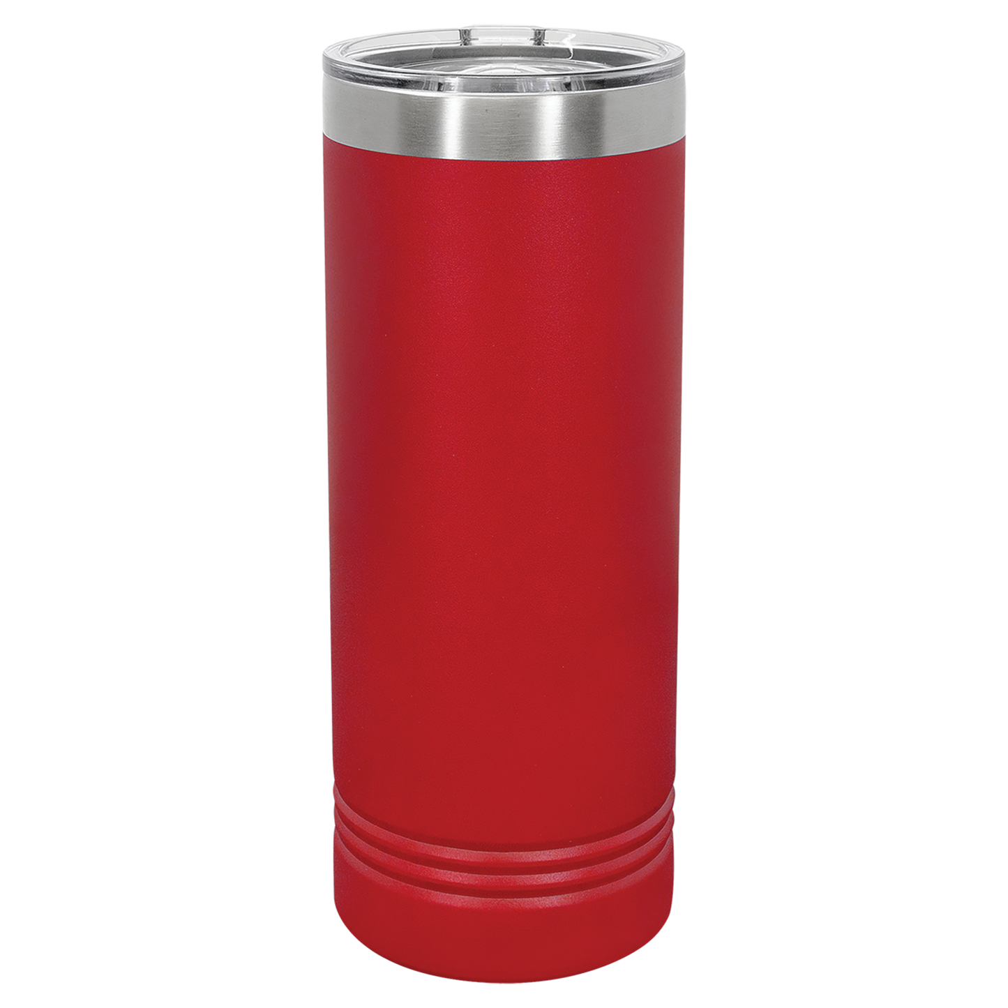 Red tumbler with a silver rim on a white background