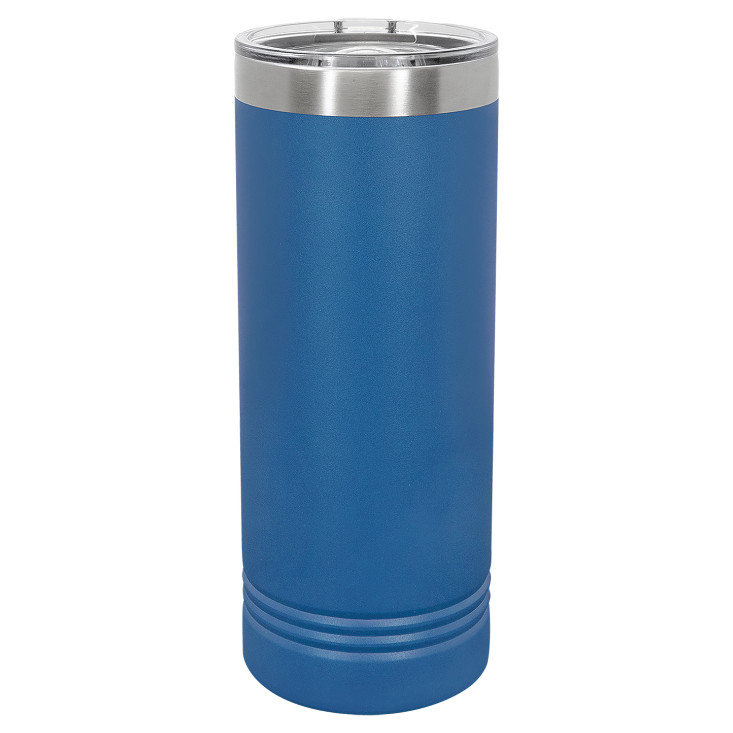 Blue insulated tumbler with silver lid on a white background