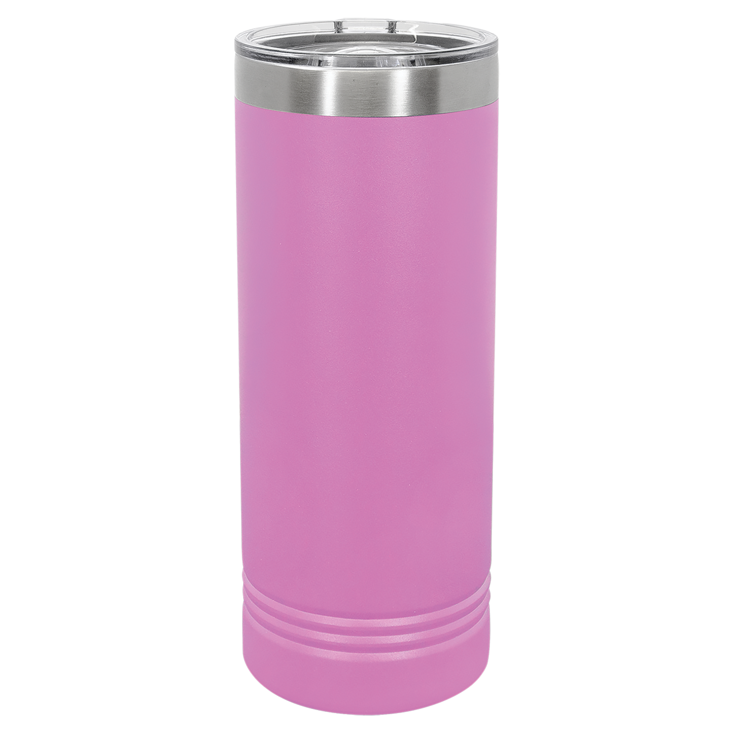 Pink tumbler with a silver rim on a white background