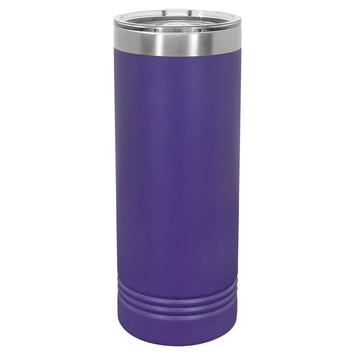 Purple tumbler with a silver rim on a white background