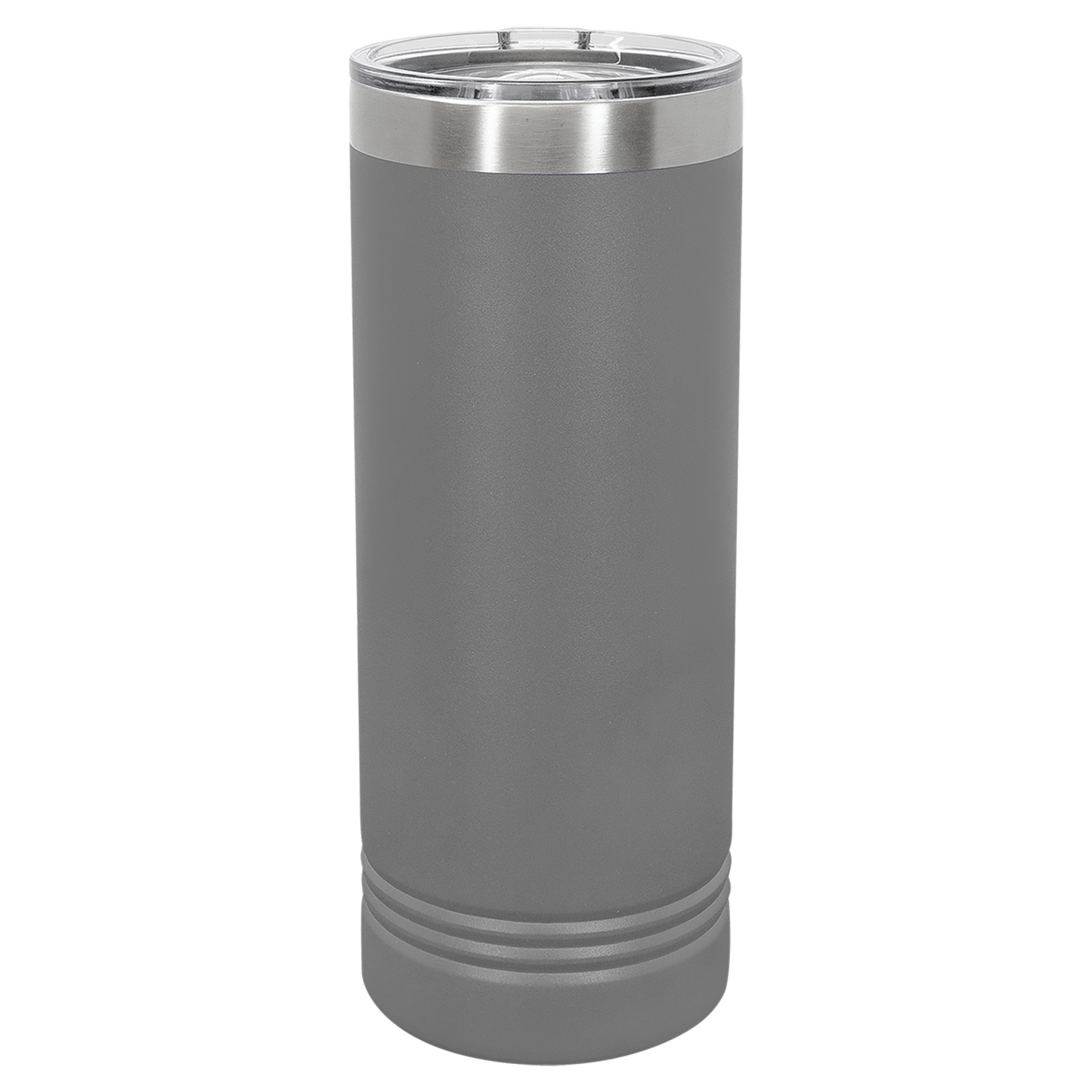 Gray insulated tumbler with a silver lid on a white background