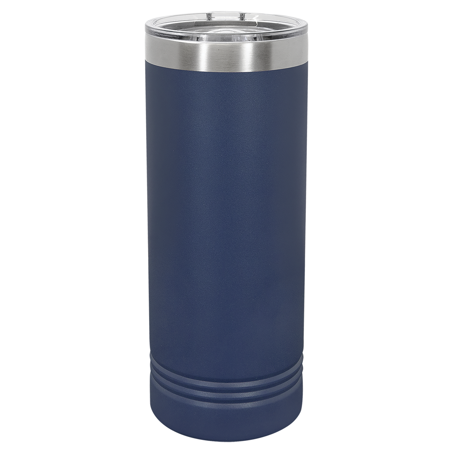 Blue tumbler with a silver rim on a white background