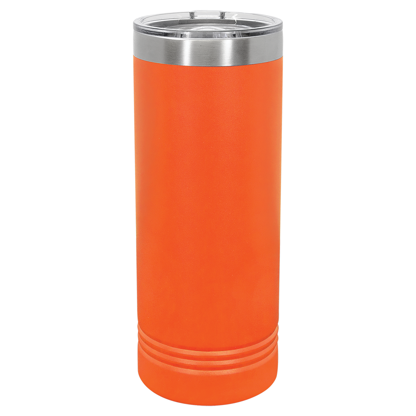 Orange tumbler with a silver rim on a white background