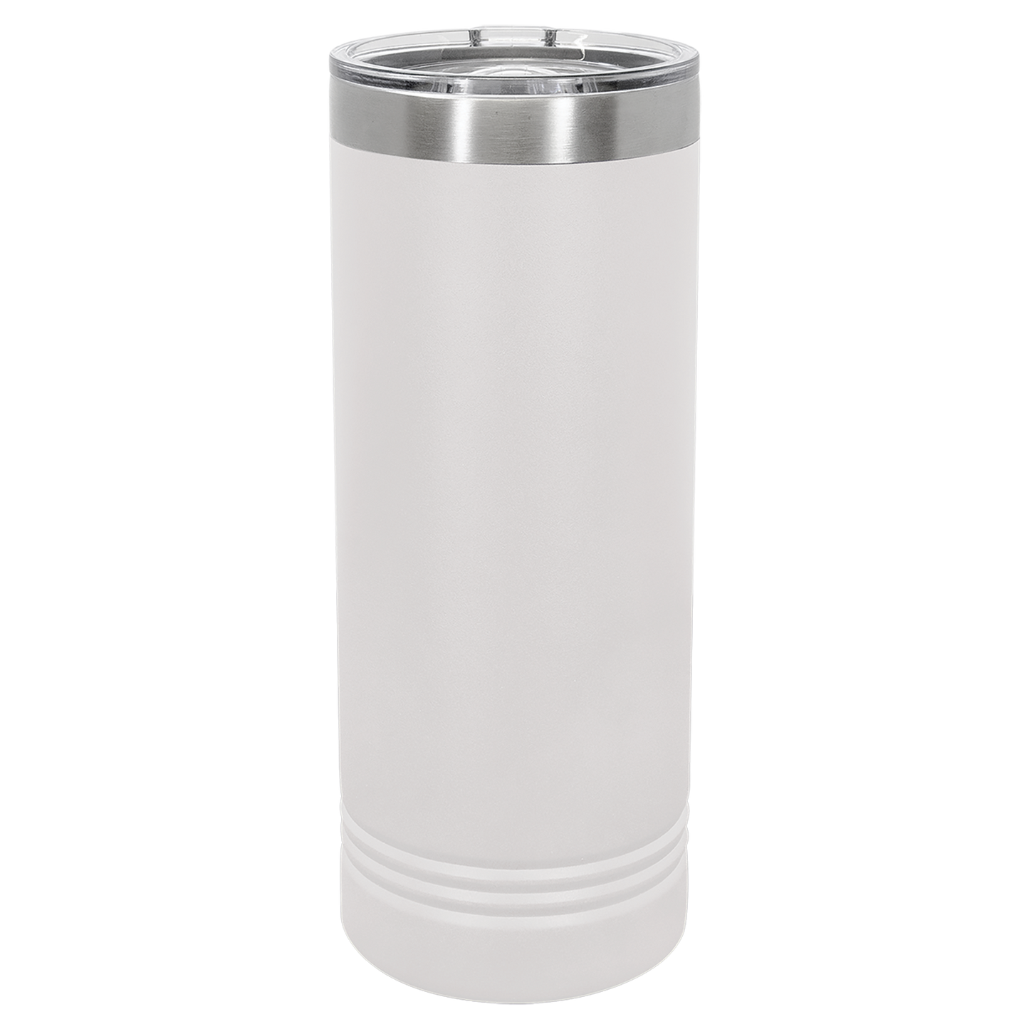 White tumbler with a silver rim on a white background