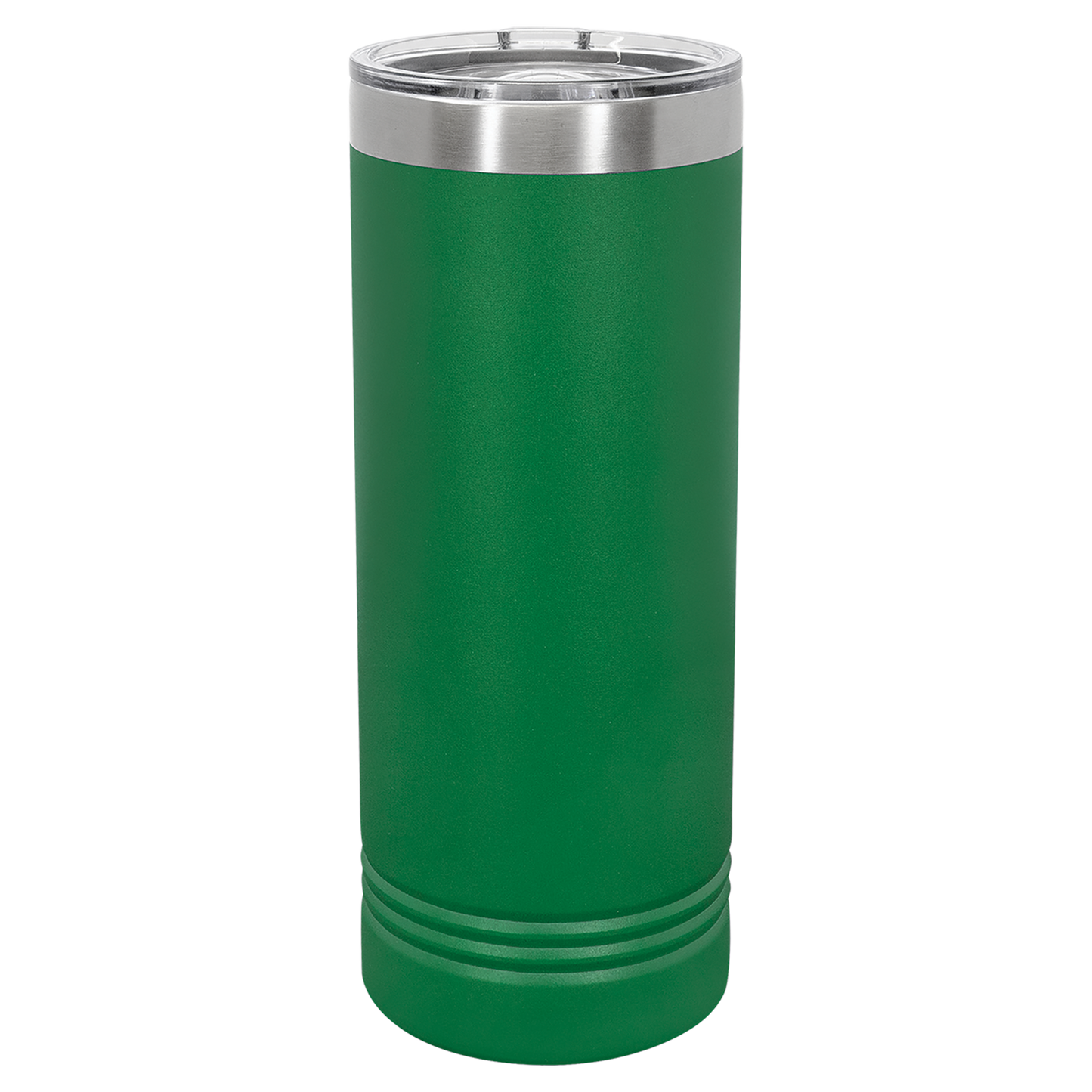 Green tumbler with a silver lid on a white background