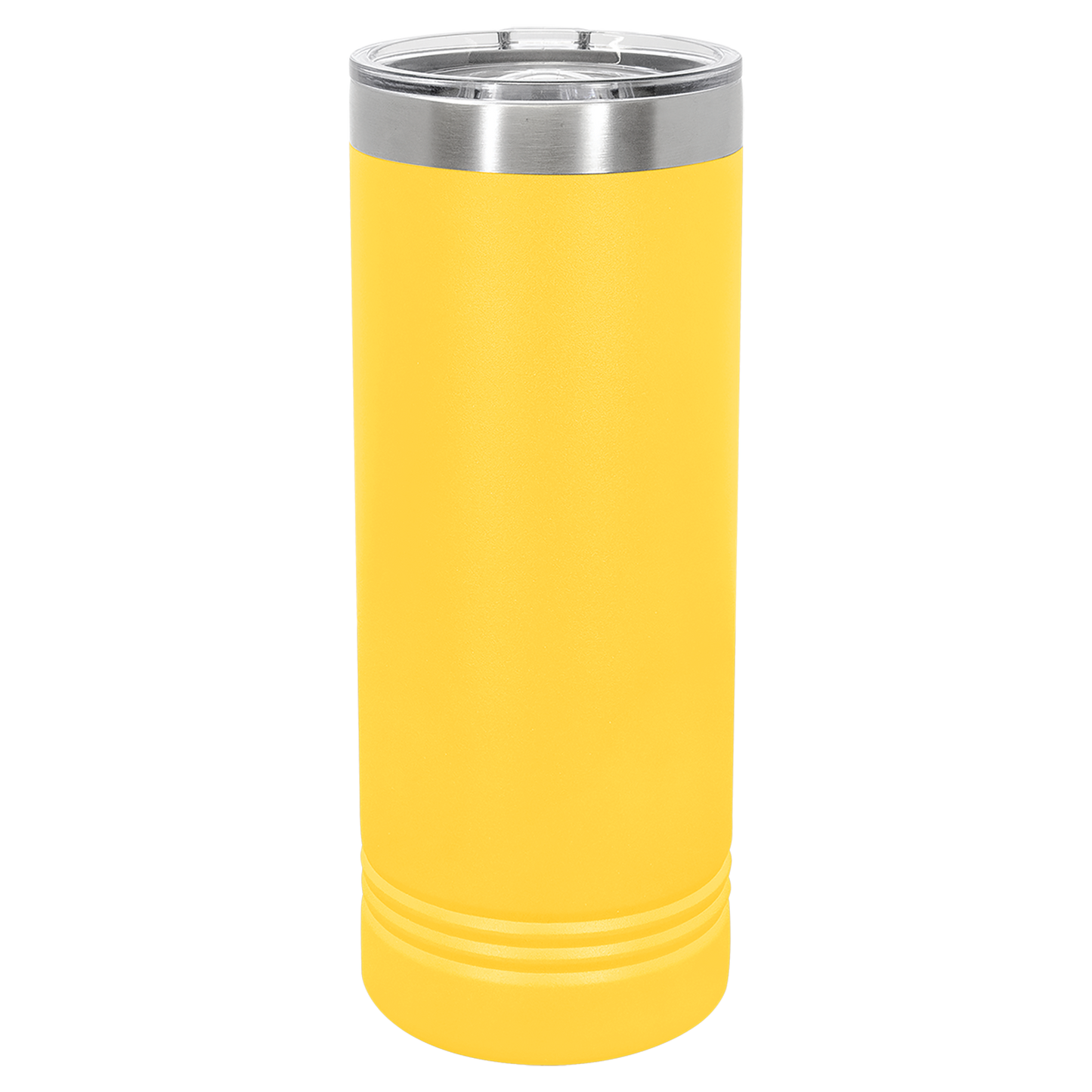 Yellow tumbler with a silver rim on a white background