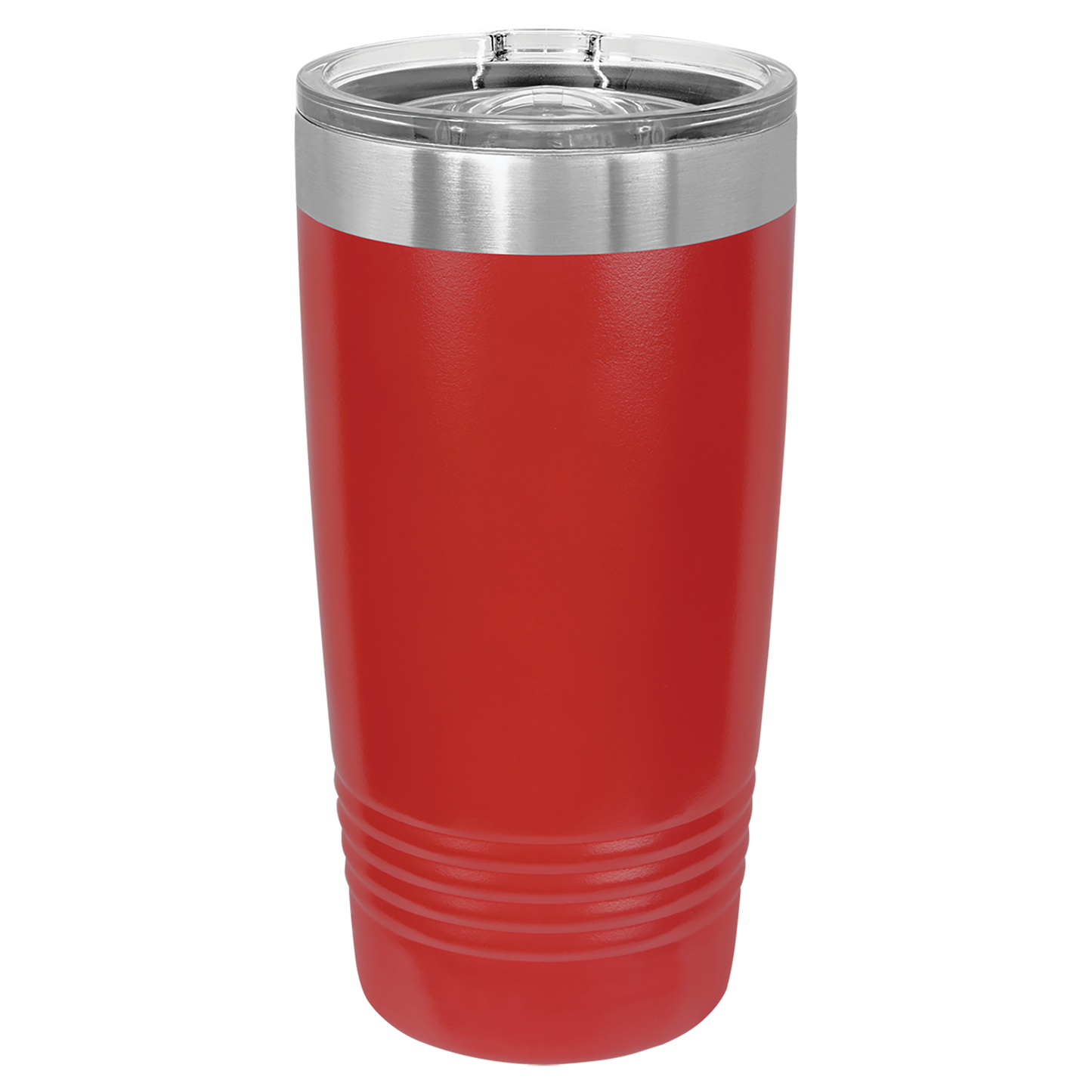 Red insulated tumbler with a silver lid on a white background