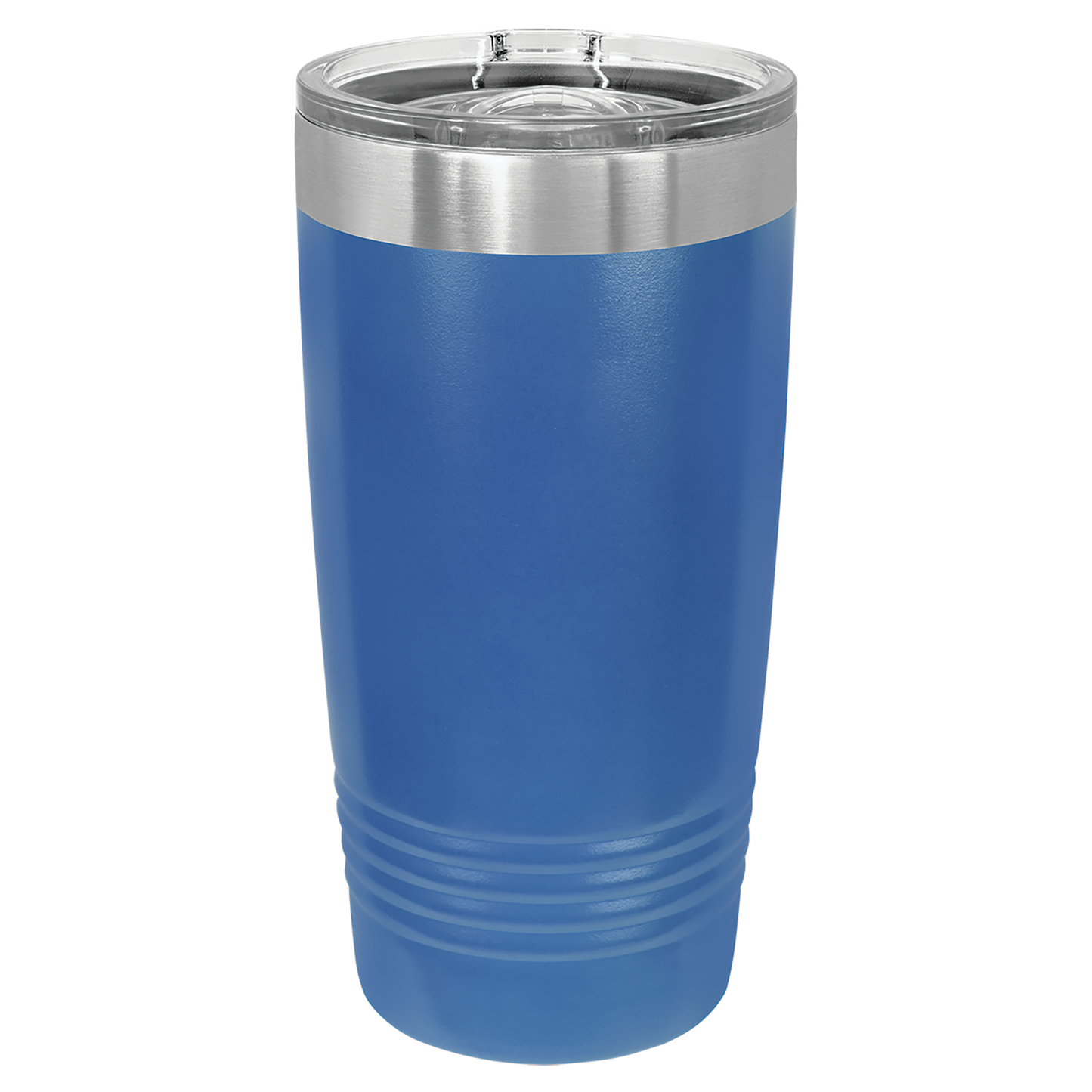 Blue insulated tumbler with silver lid on a white background