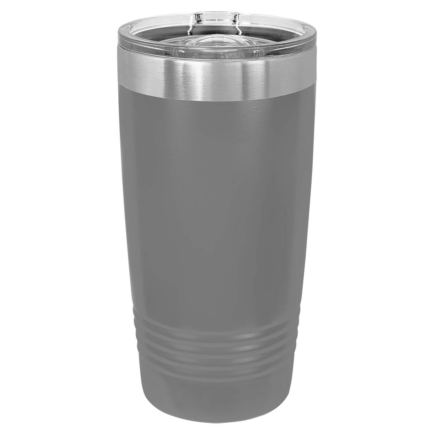 Gray tumbler with a silver lid on a white background