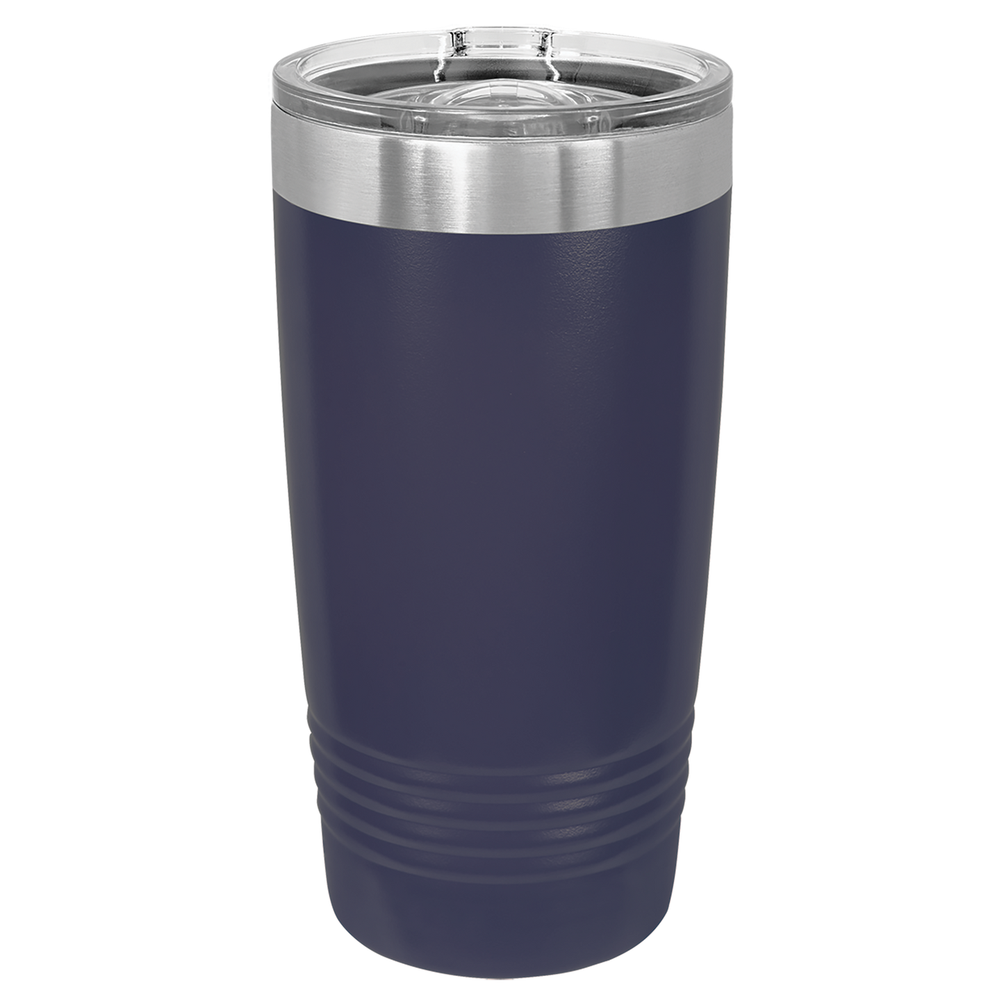 Navy blue tumbler with a silver lid on a white background