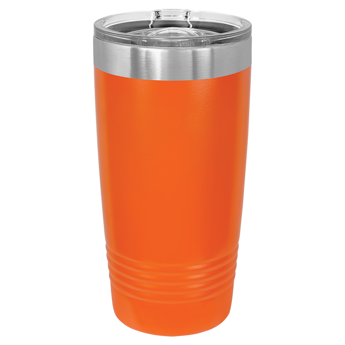 Orange tumbler with a silver lid on a white background
