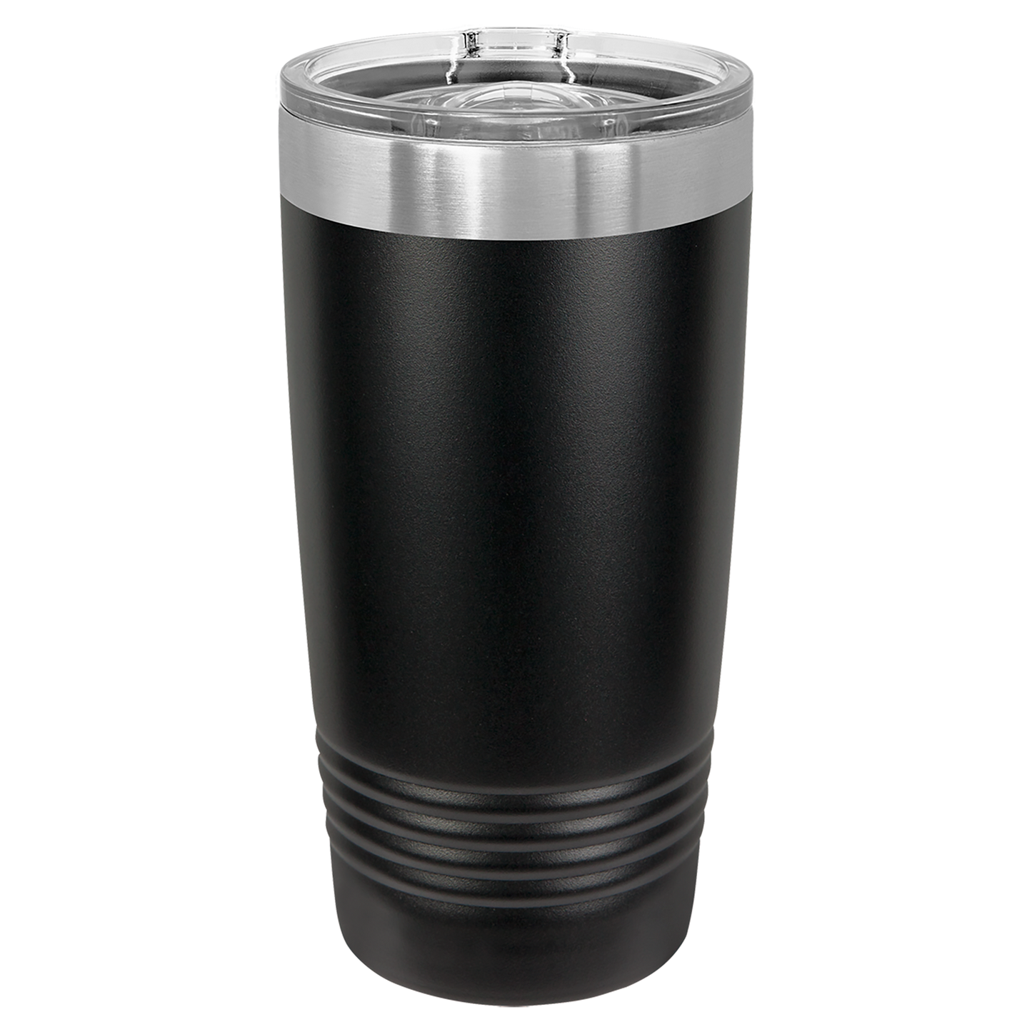 Black tumbler with a silver lid on a white background