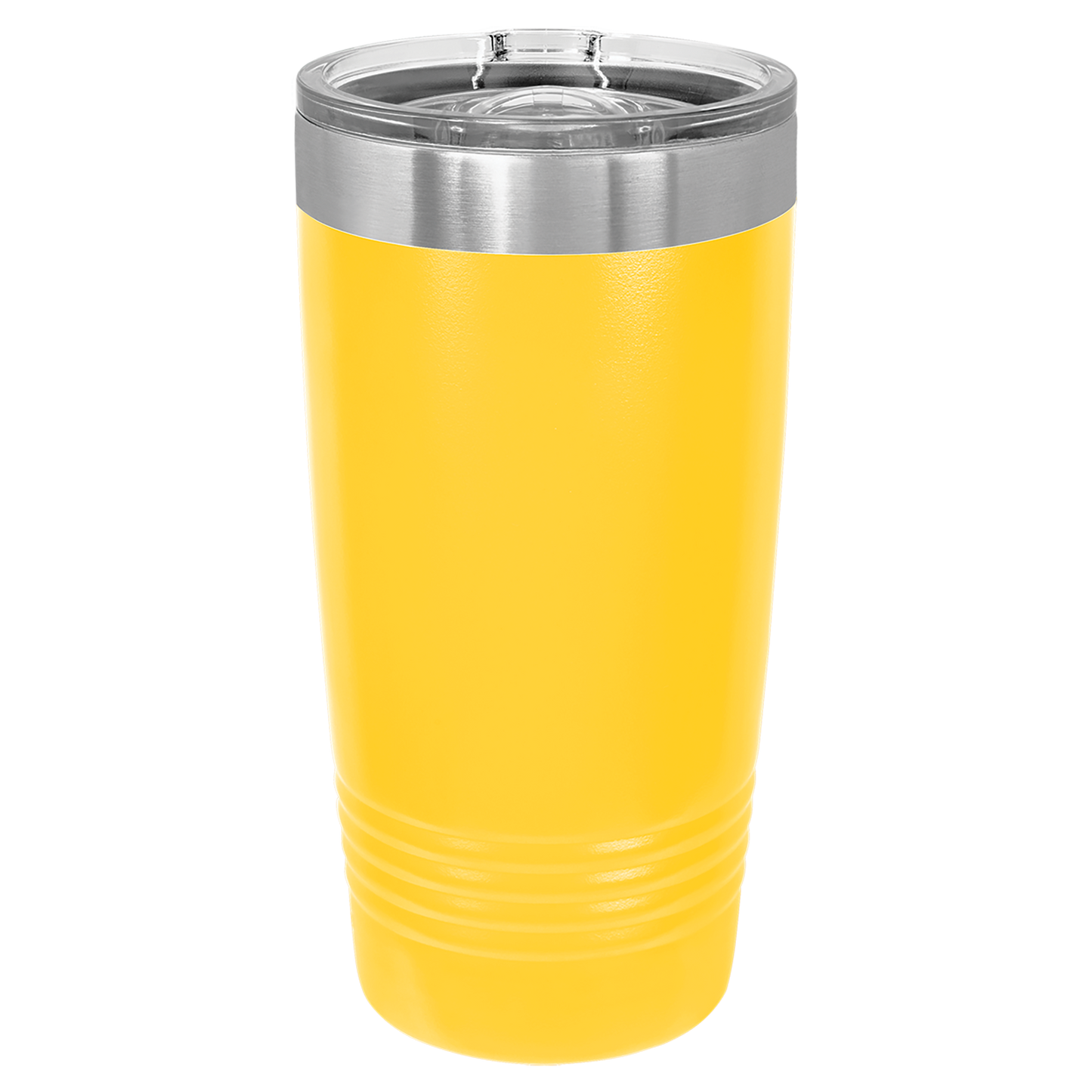 Yellow tumbler with a silver lid on a white background