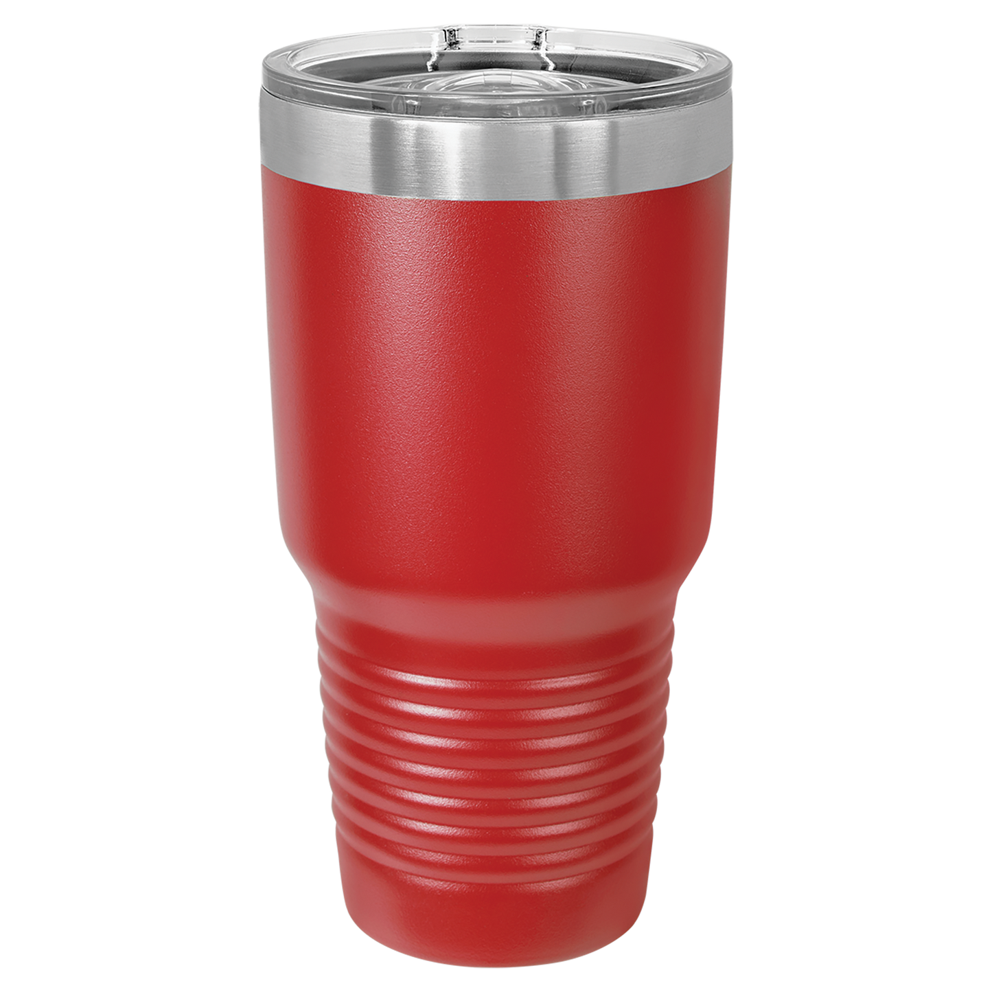 Red insulated tumbler with a silver lid on a white background