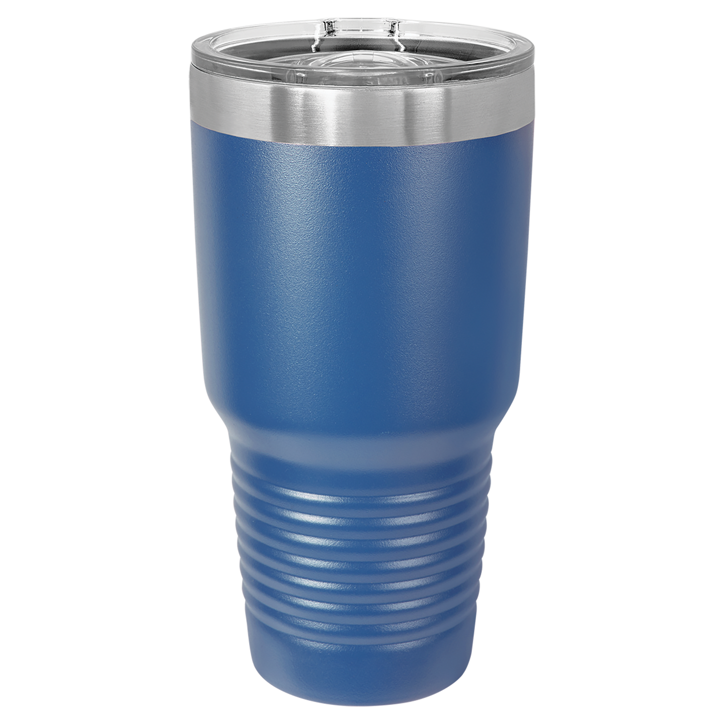 Blue insulated tumbler with silver lid on a white background
