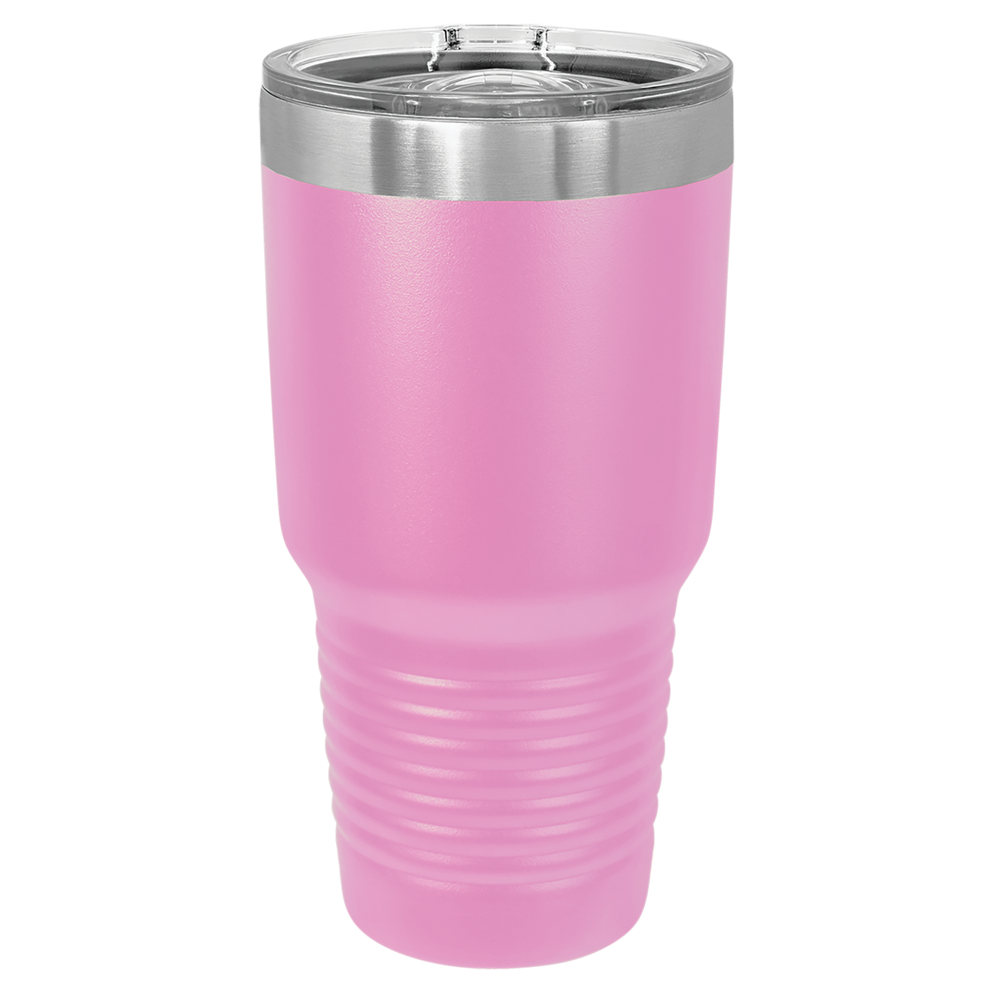 Pink insulated tumbler with a silver lid on a white background
