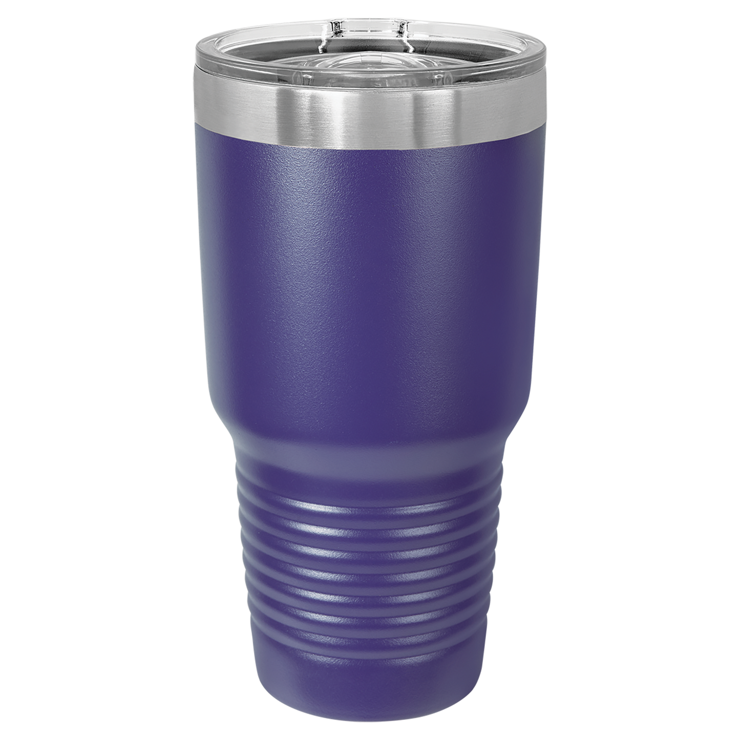 Purple insulated tumbler with a silver lid on a white background