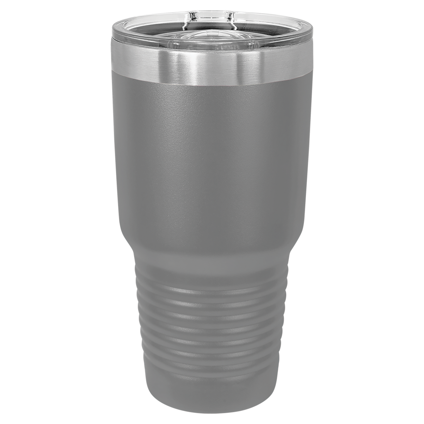Gray insulated tumbler with a silver lid on a white background