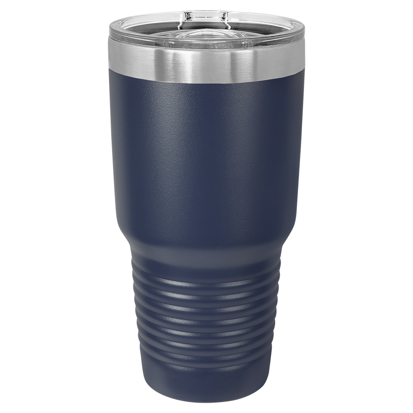Navy insulated tumbler with a silver lid on a white background