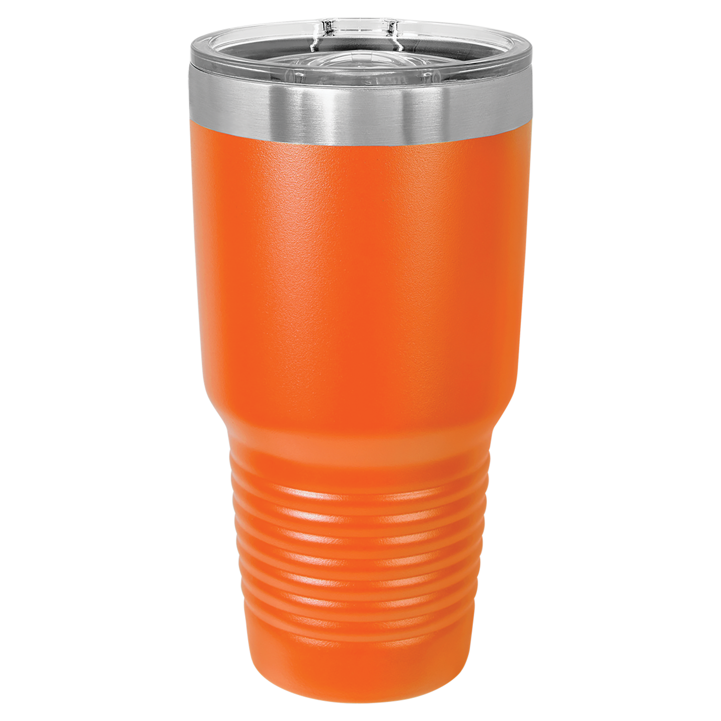 Orange insulated tumbler with a silver lid on a white background
