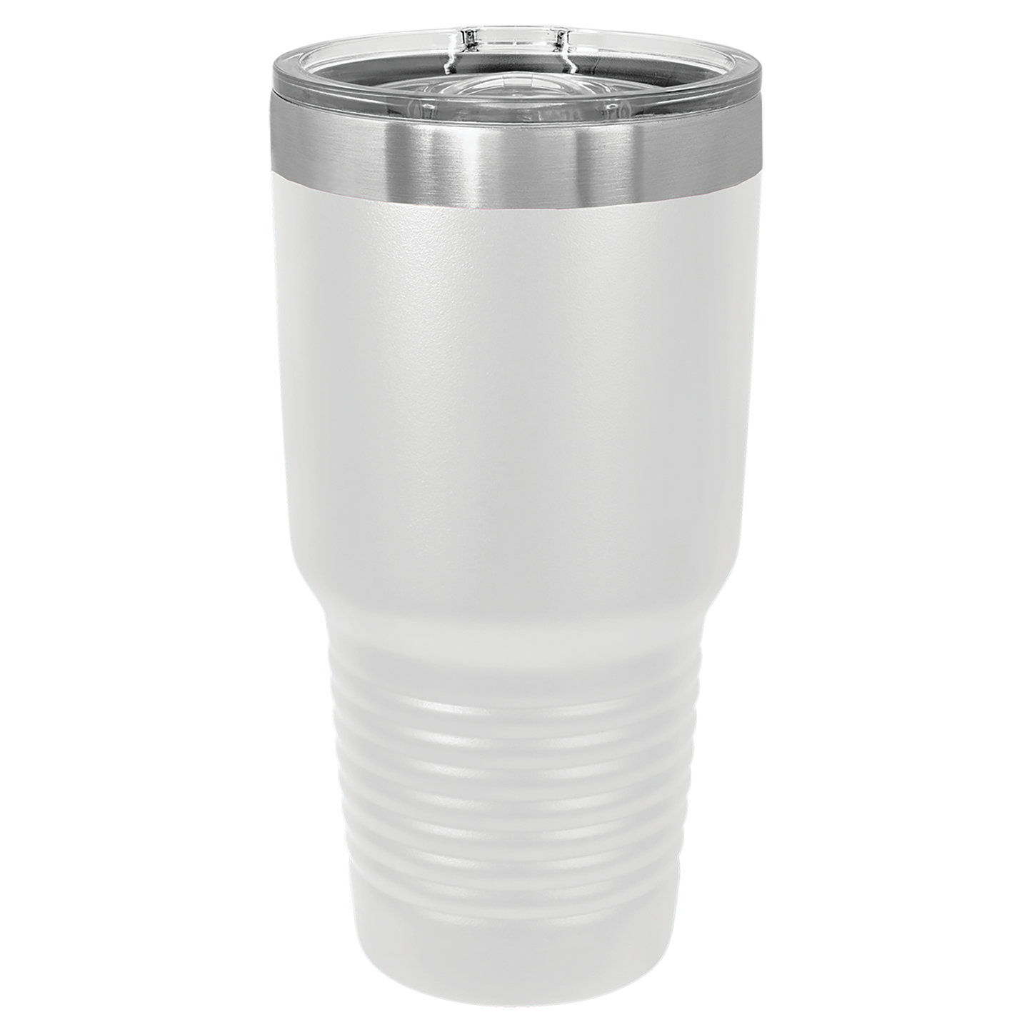 White insulated tumbler with a silver lid on a white background