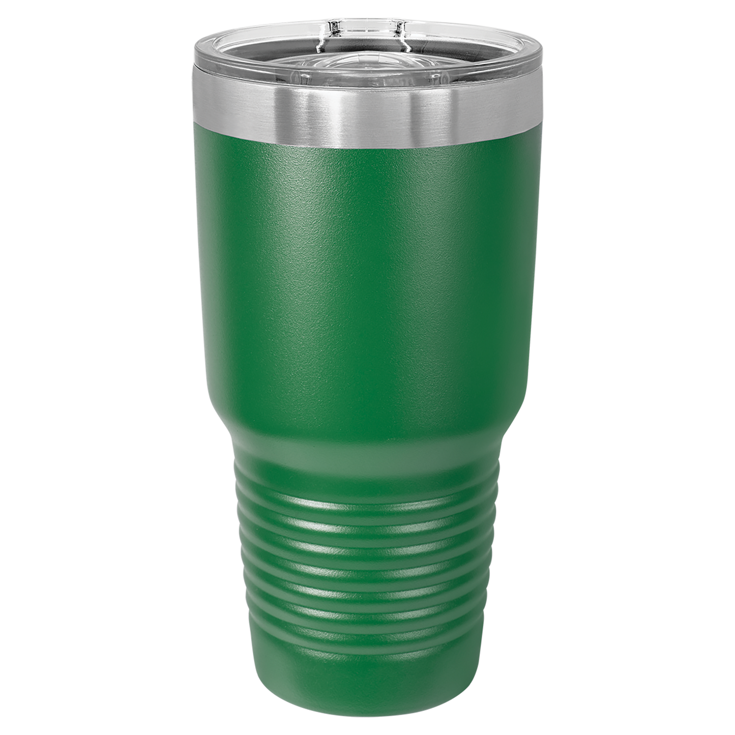 Green insulated tumbler with a silver lid on a white background