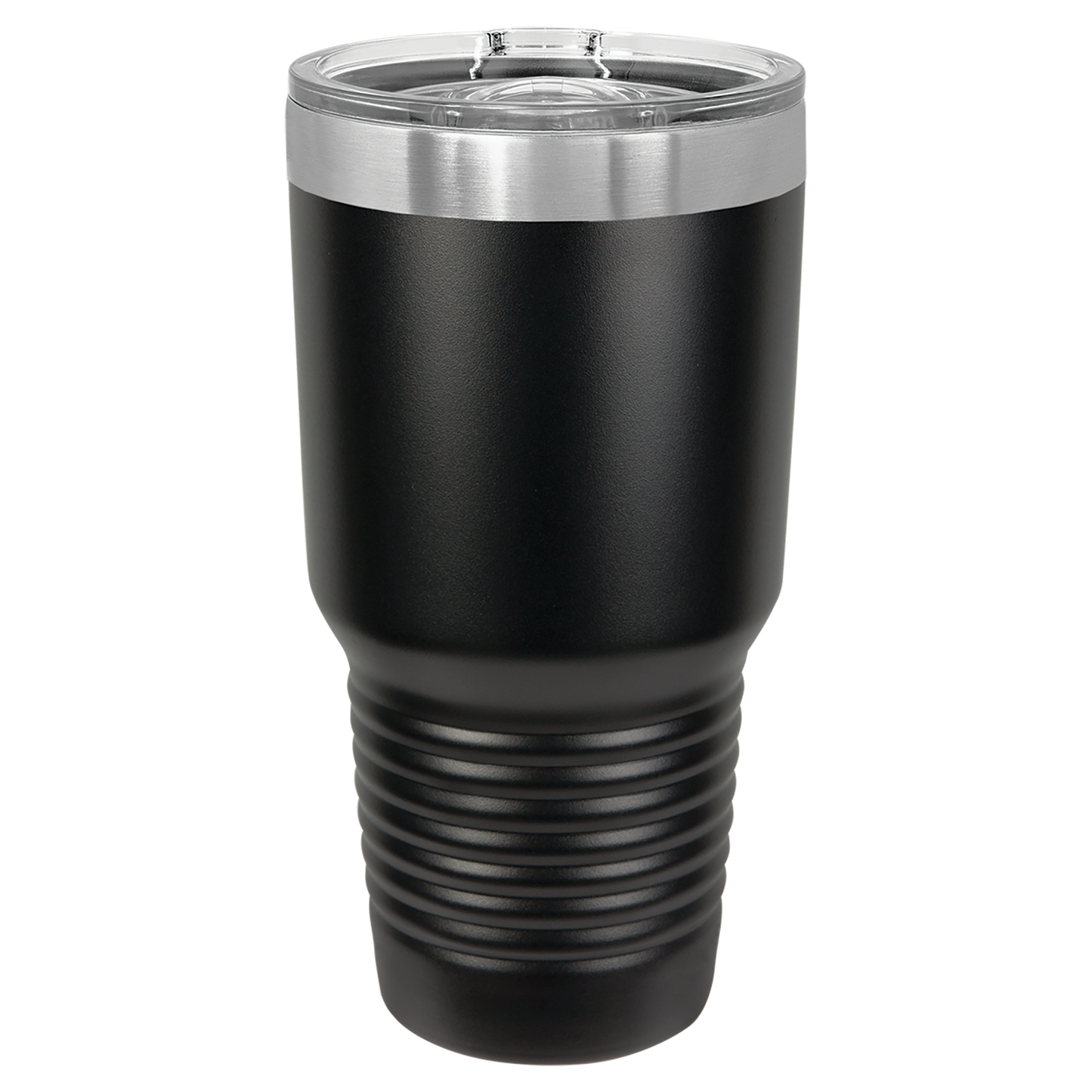 Black insulated tumbler with silver lid on a white background