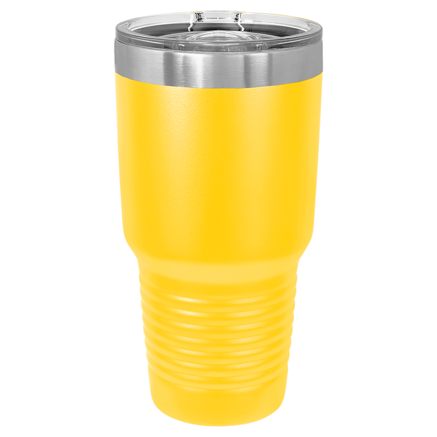 Yellow tumbler with a silver lid on a white background