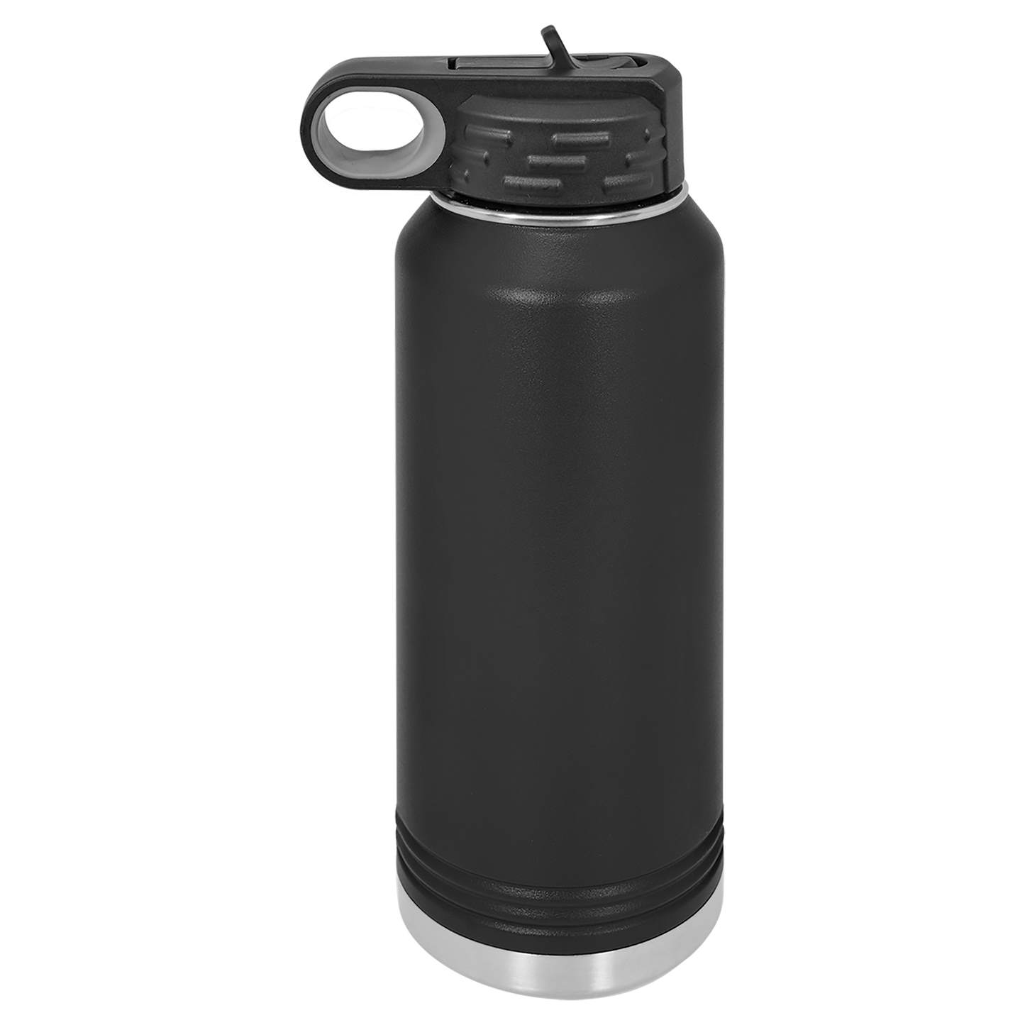 Black insulated water bottle with silver base on a white background