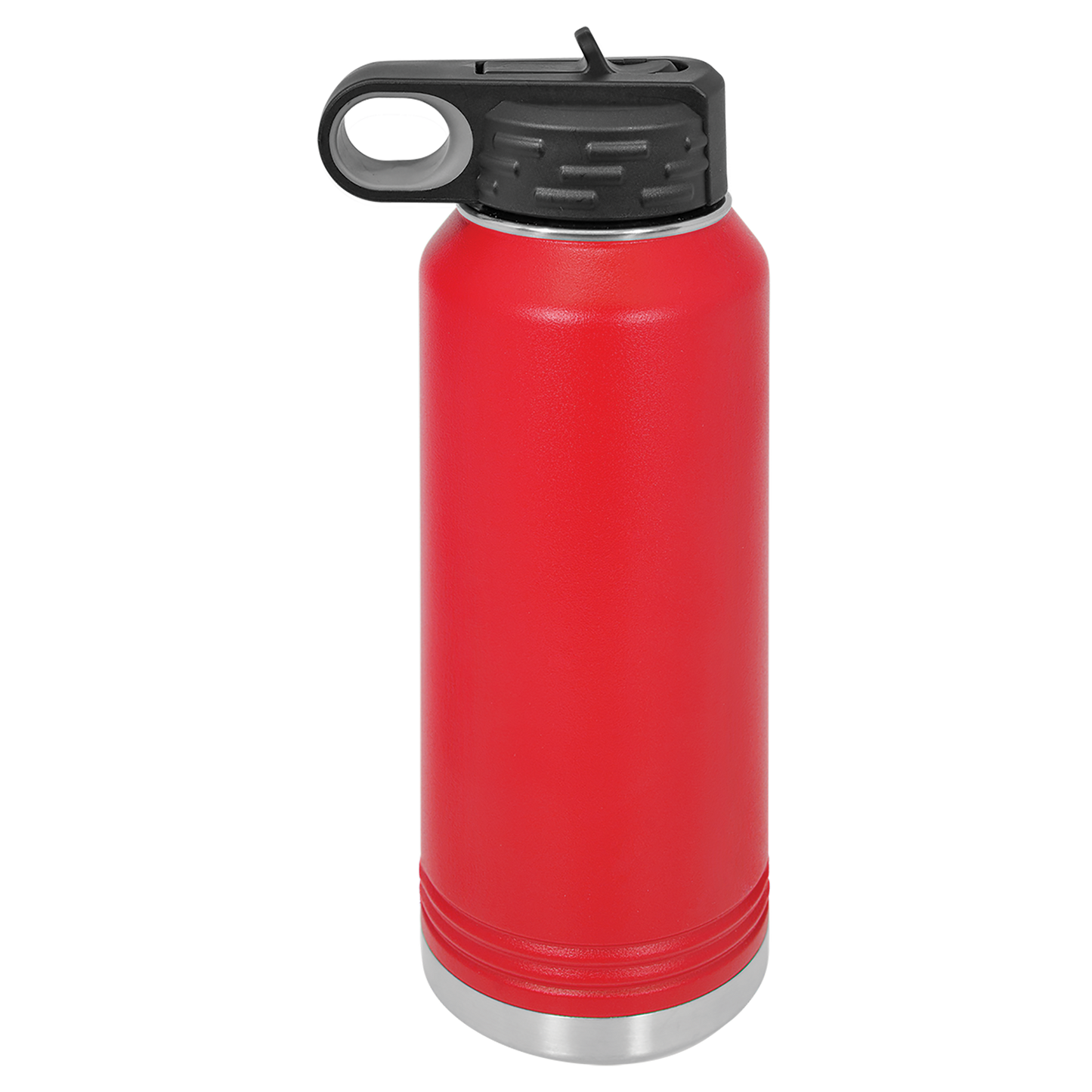 Red water bottle with black lid on a white background