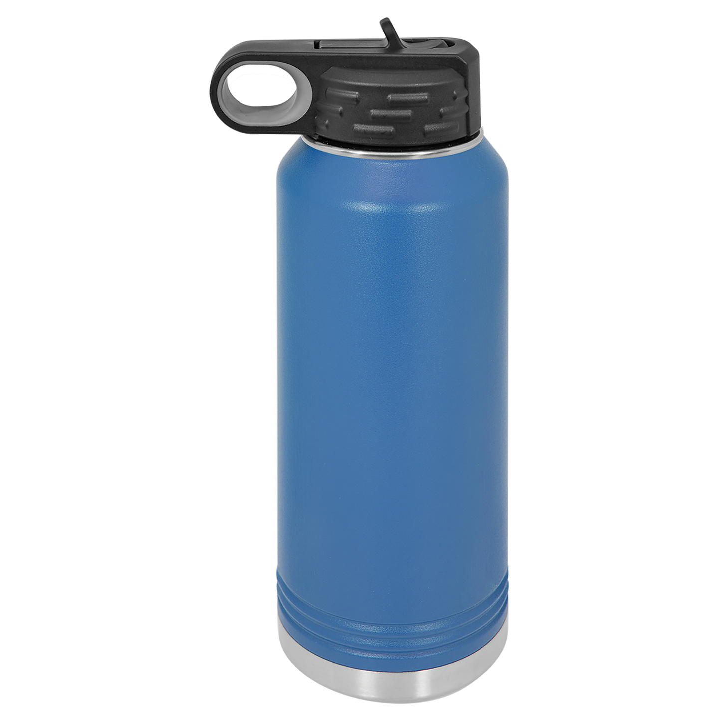 Blue insulated bottle with black lid on a white background
