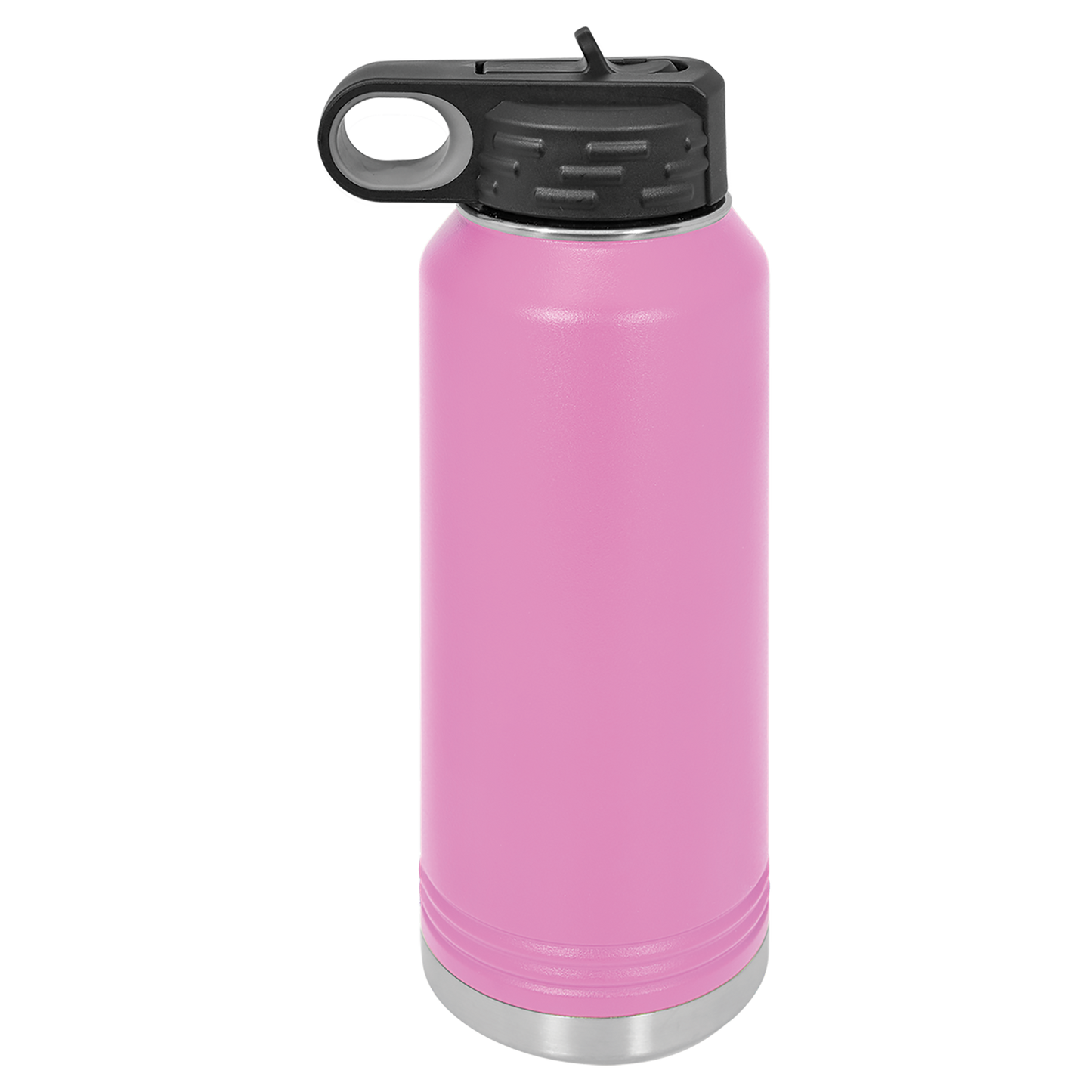 Pink water bottle with black lid on a white background