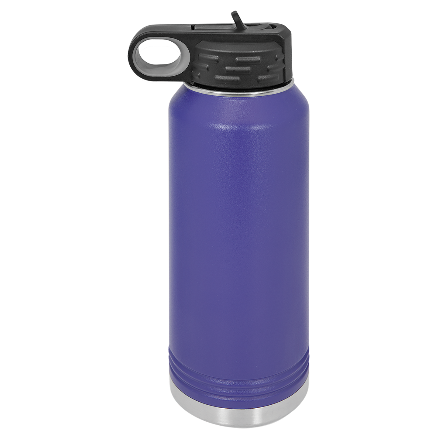 Purple water bottle with black lid on a white background