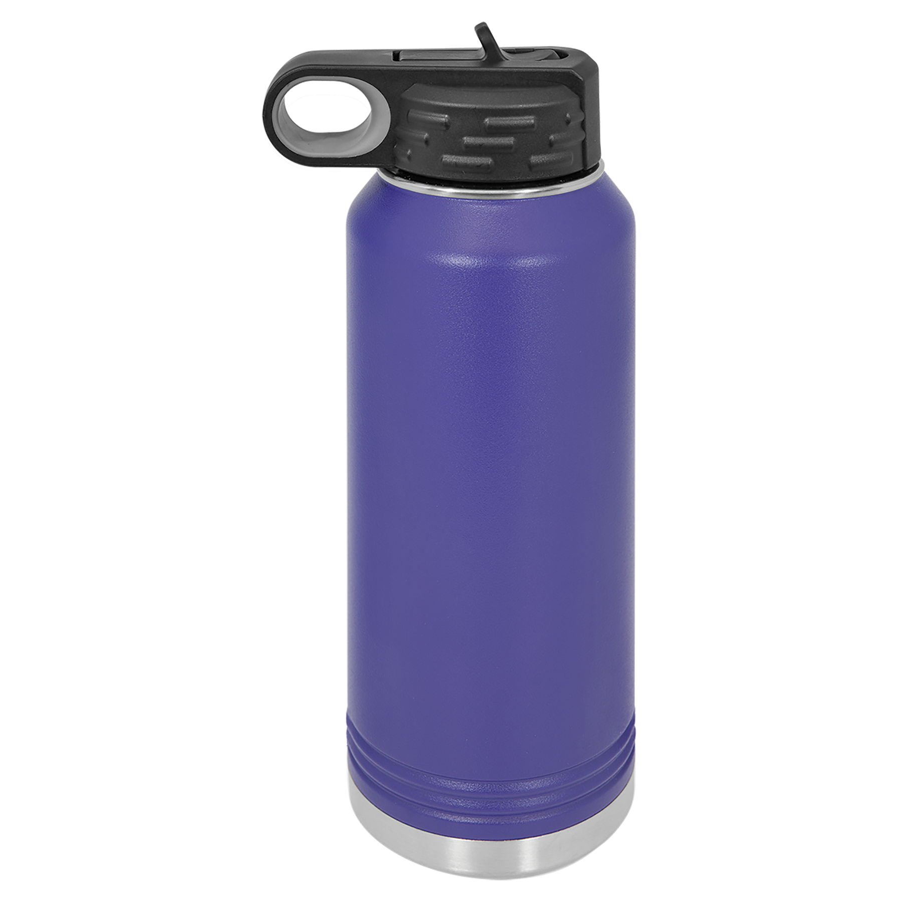 Purple water bottle with black lid on a white background