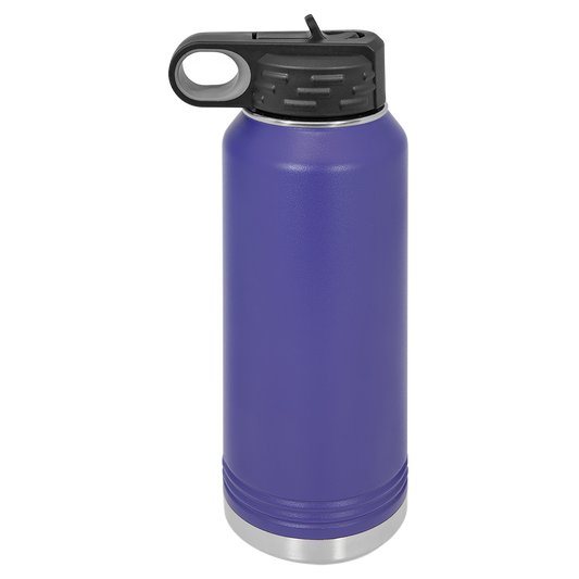 Purple water bottle with black lid on a white background