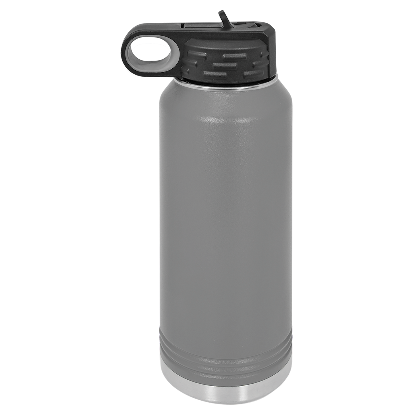 Gray insulated water bottle with black lid on a white background