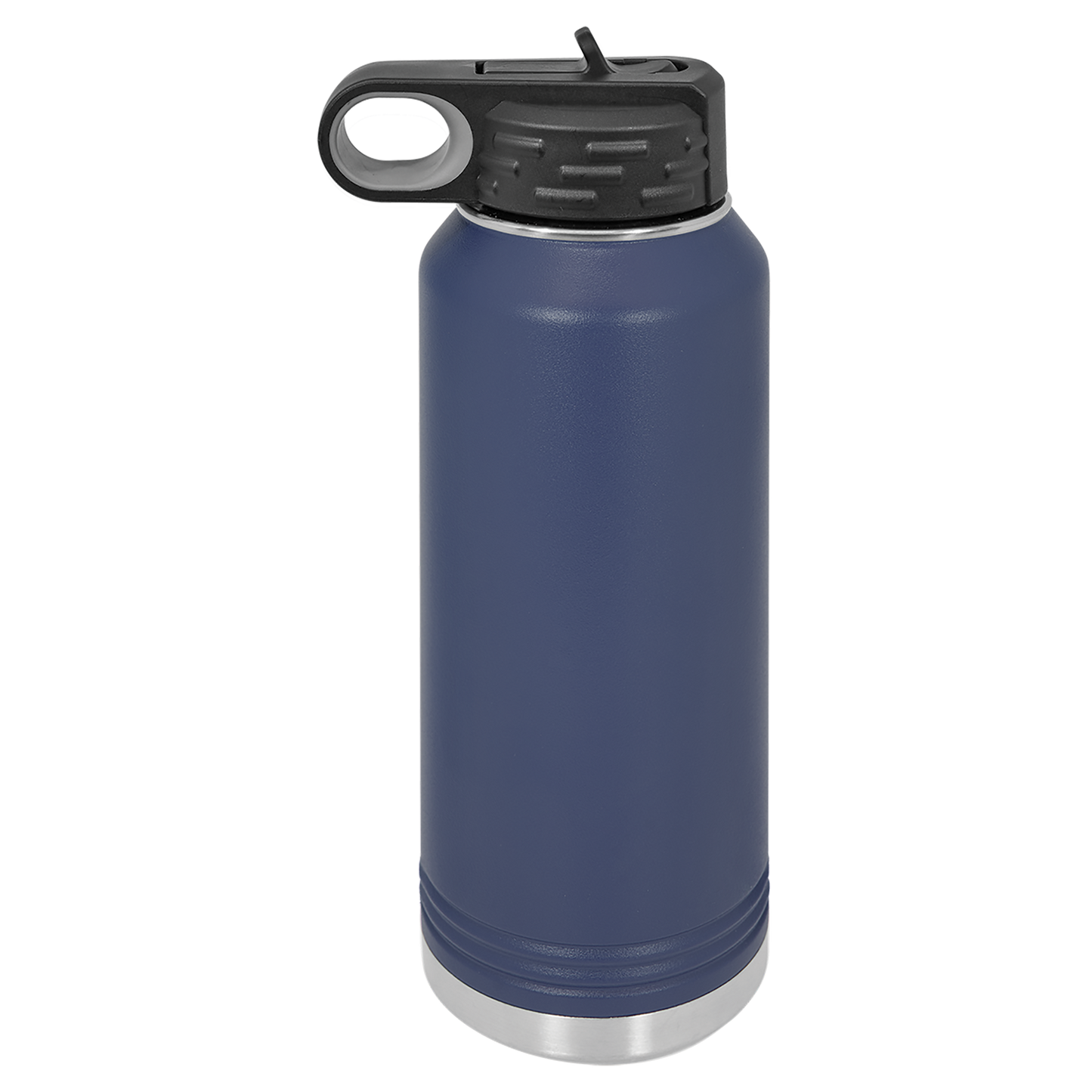 Navy blue water bottle with a black lid on a white background