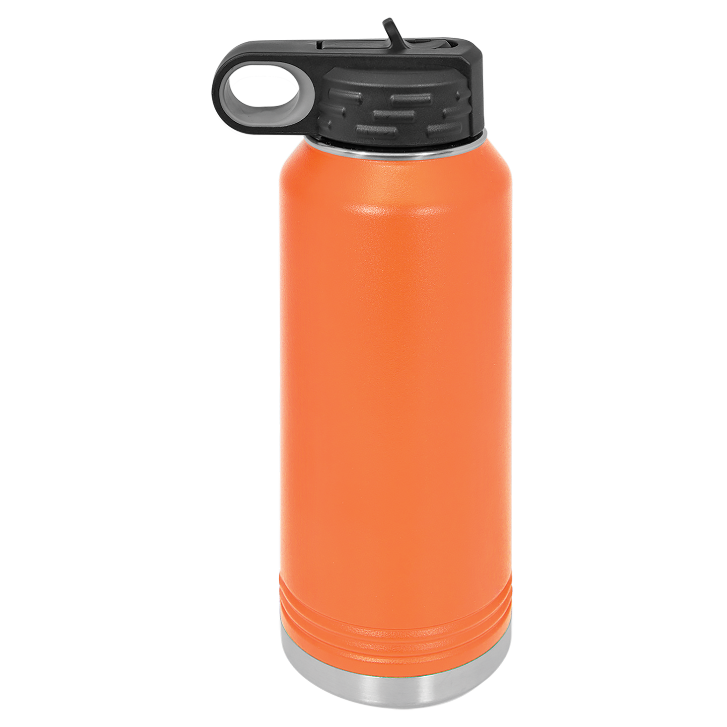 Orange insulated bottle with black lid on a white background