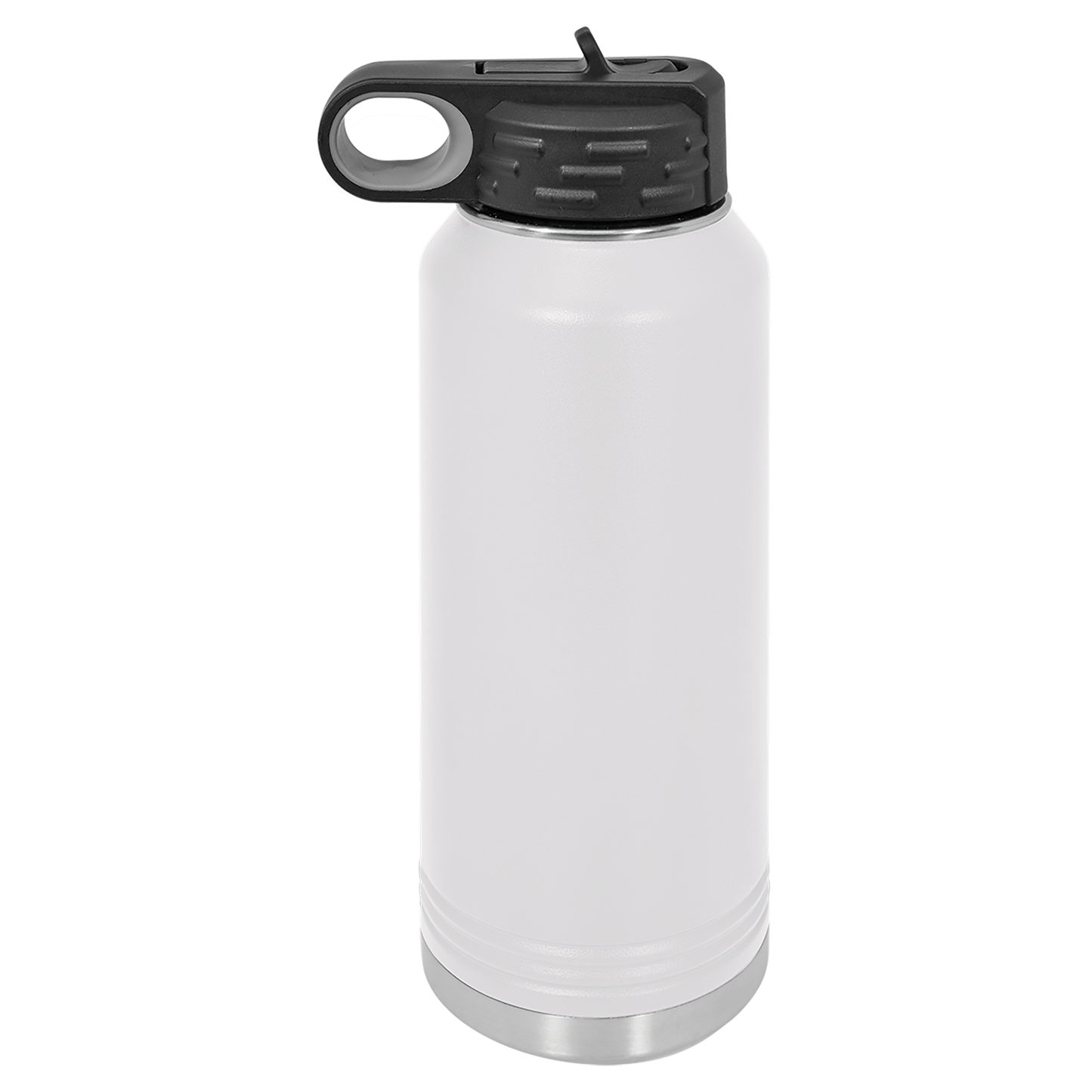 White water bottle with black lid on a white background