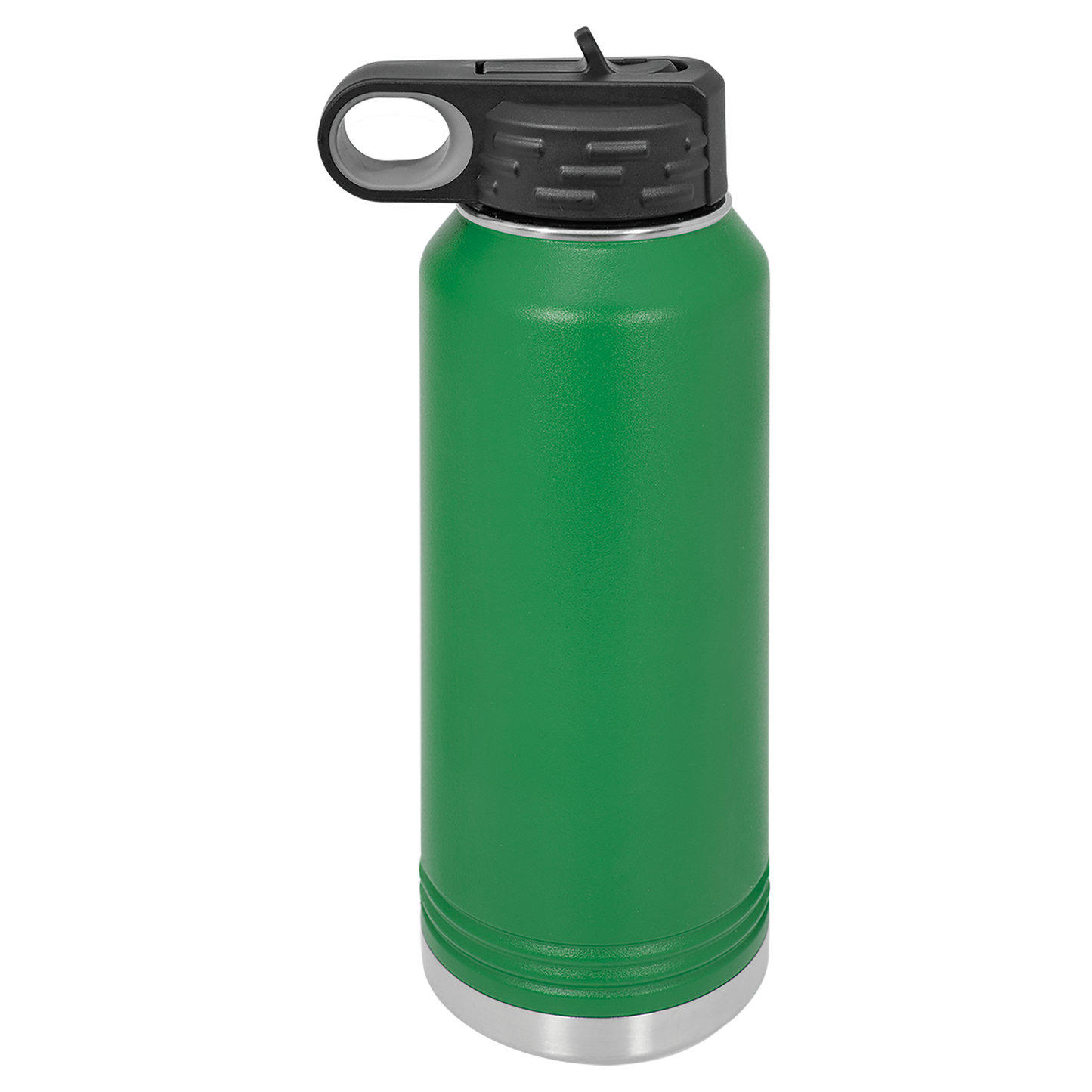 Green insulated bottle with black lid on a white background