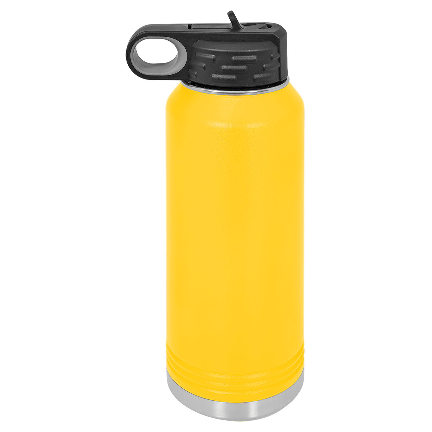 Yellow water bottle with a black lid on a white background