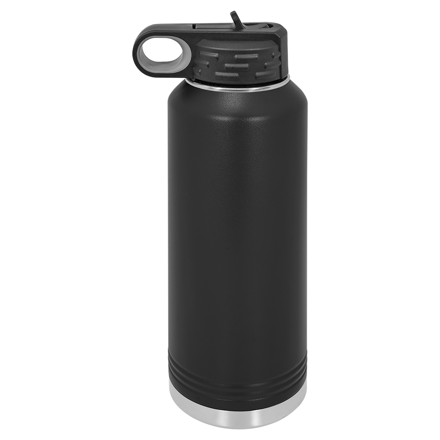 Black insulated bottle with silver base on a white background
