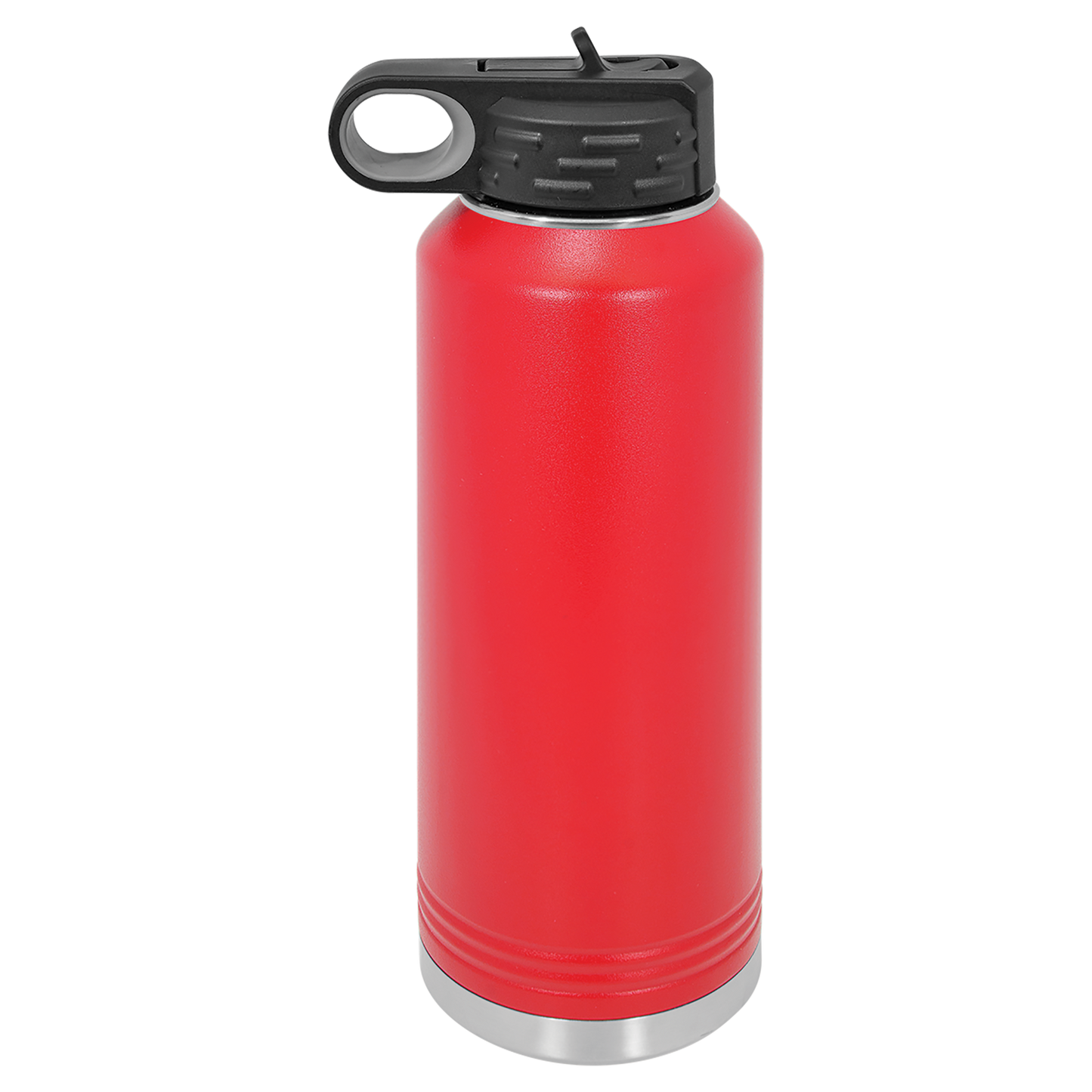 Red insulated bottle with black lid on a white background