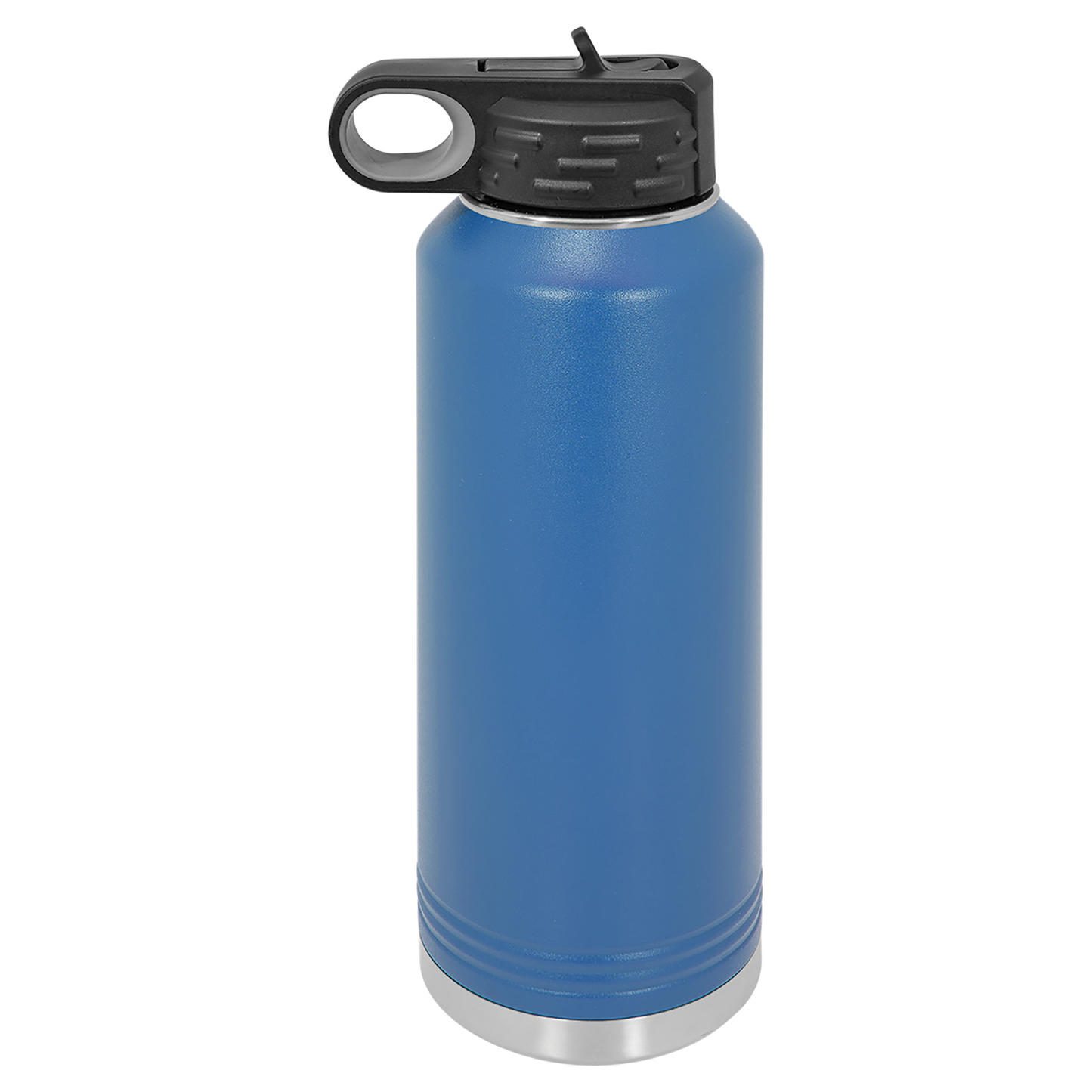 Blue insulated bottle with black lid on a white background