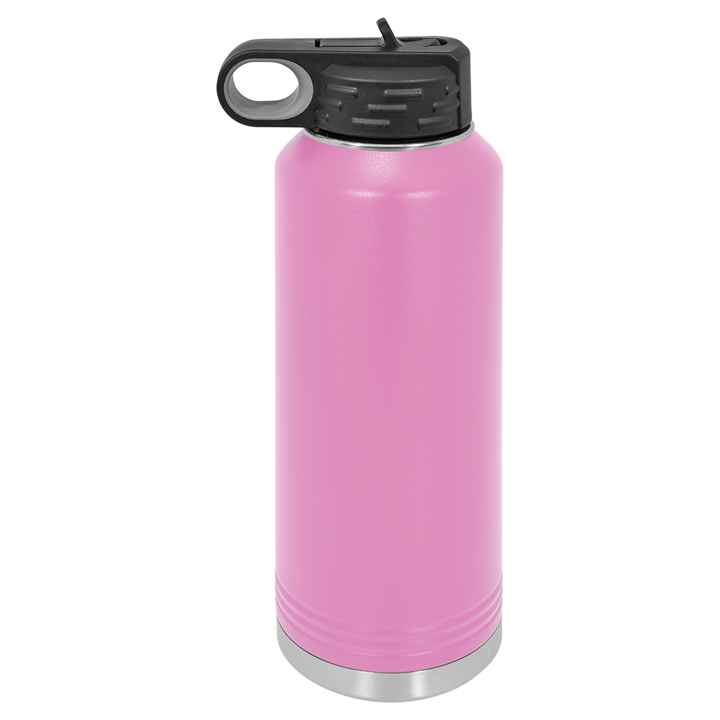 Pink water bottle with a black lid on a white background