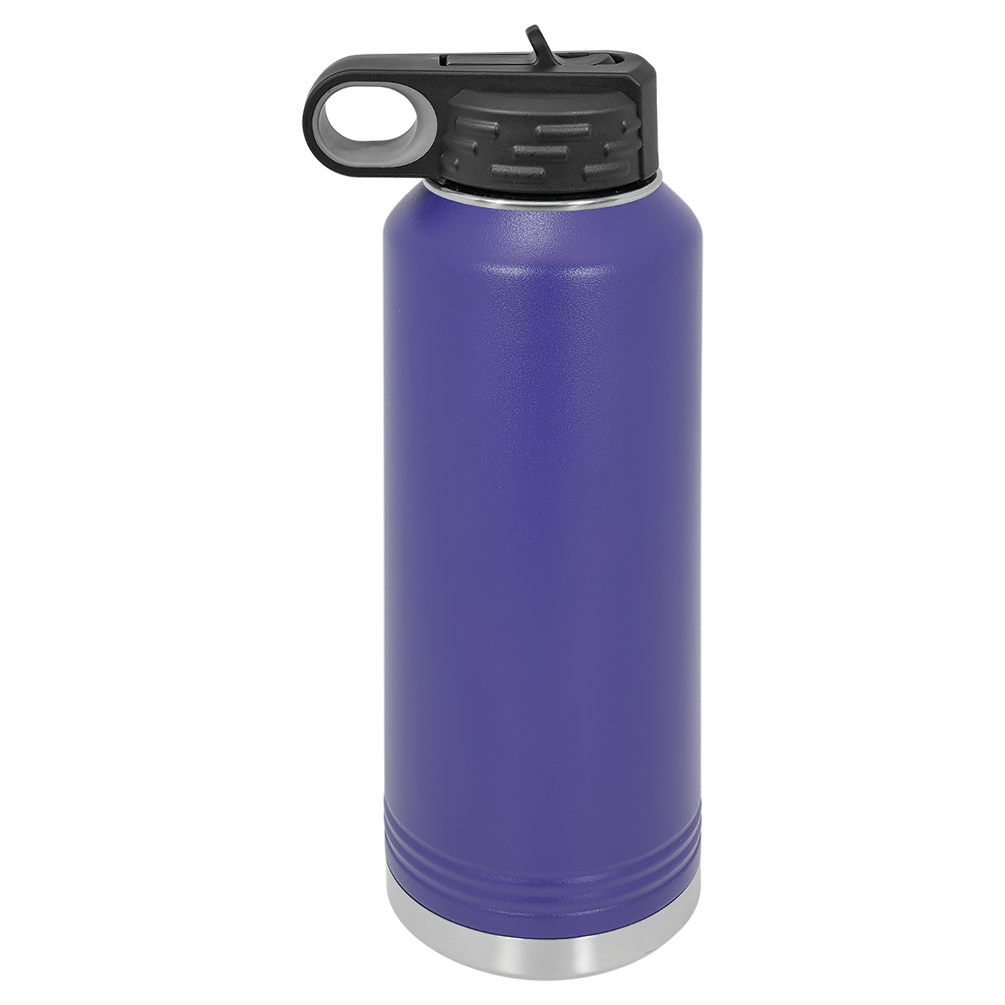 Purple insulated bottle with black lid on a white background