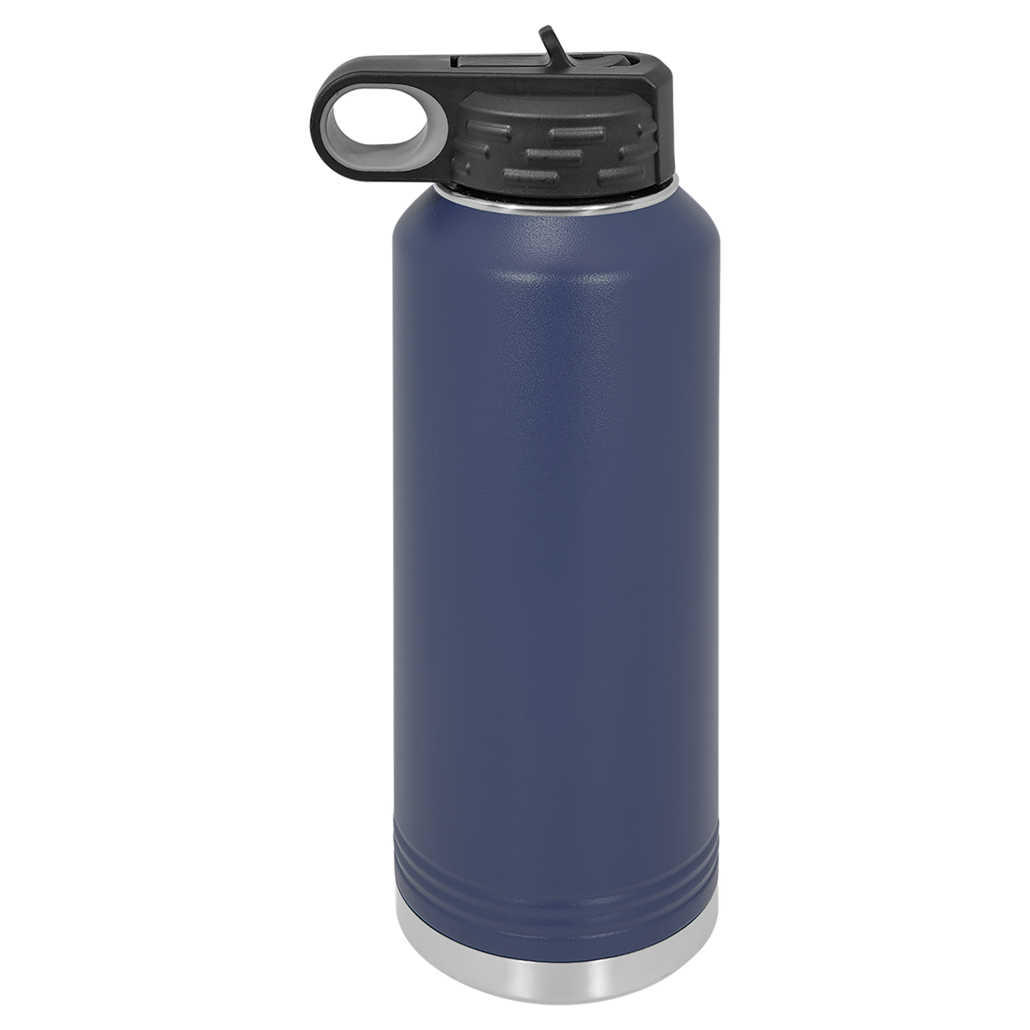 Navy insulated bottle with black lid on a white background